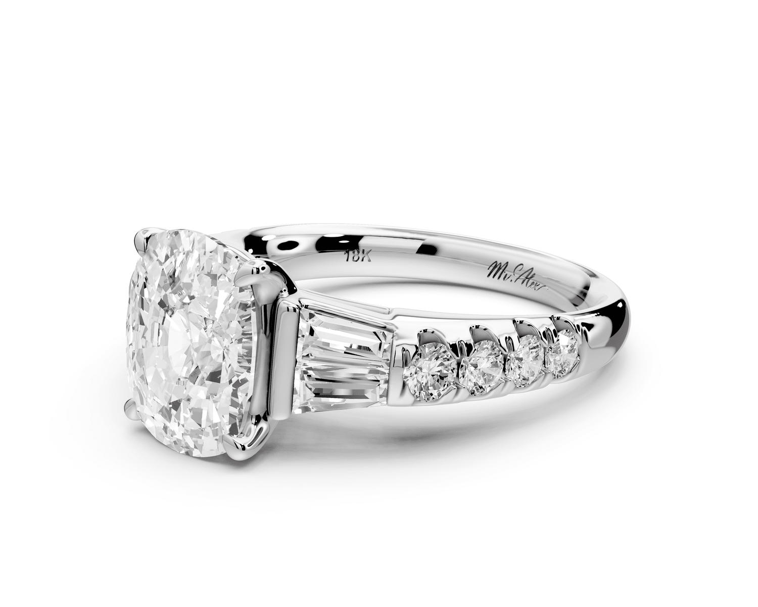 Aria - 3ct platinum Elongated Cushion Diamond with tapered baguettes and round accent stones engagement ring - Mr. Alex Jewelry