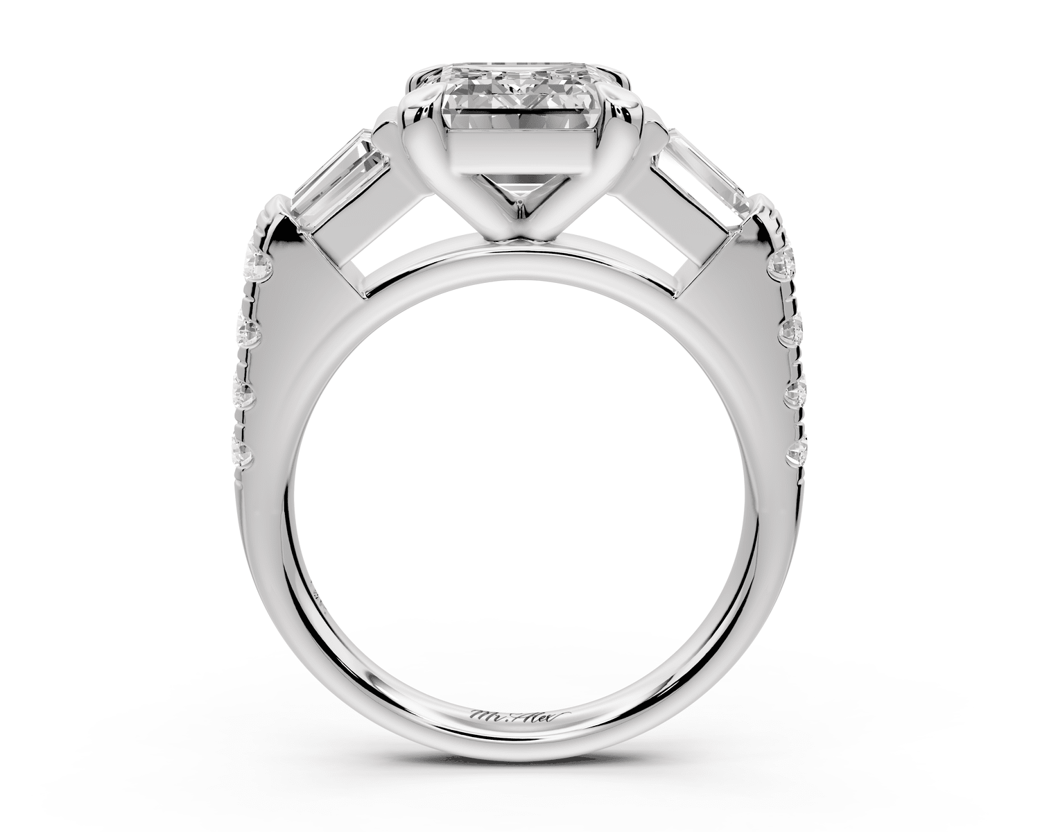 Aria - 3ct platinum emerald Diamond with tapered baguettes and round accent stones Engagement ring - Mr. Alex Jewelry