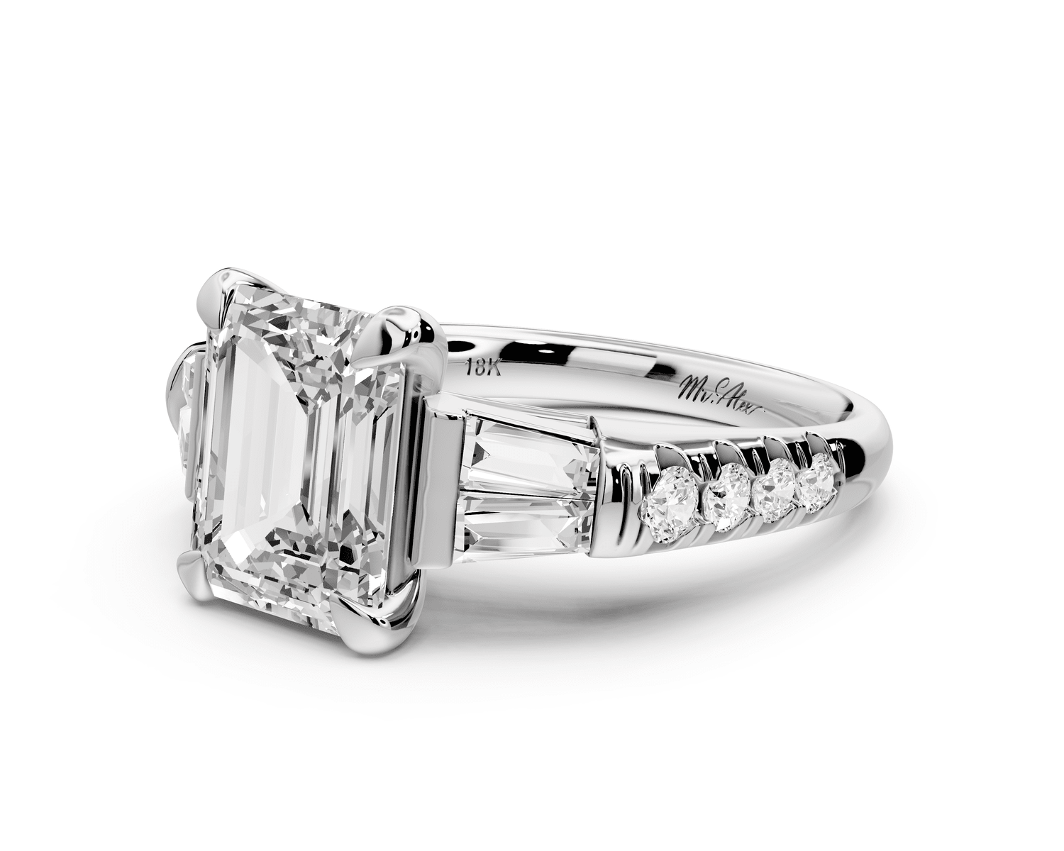 Aria - 3ct platinum emerald Diamond with tapered baguettes and round accent stones Engagement ring - Mr. Alex Jewelry