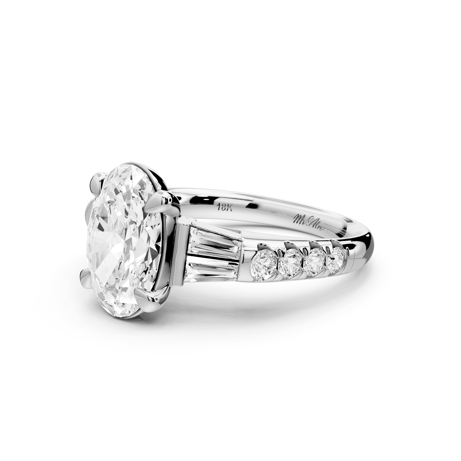 Aria - 3ct platinum oval Diamond with tapered baguettes and round accent stones Engagement ring - Mr. Alex Jewelry