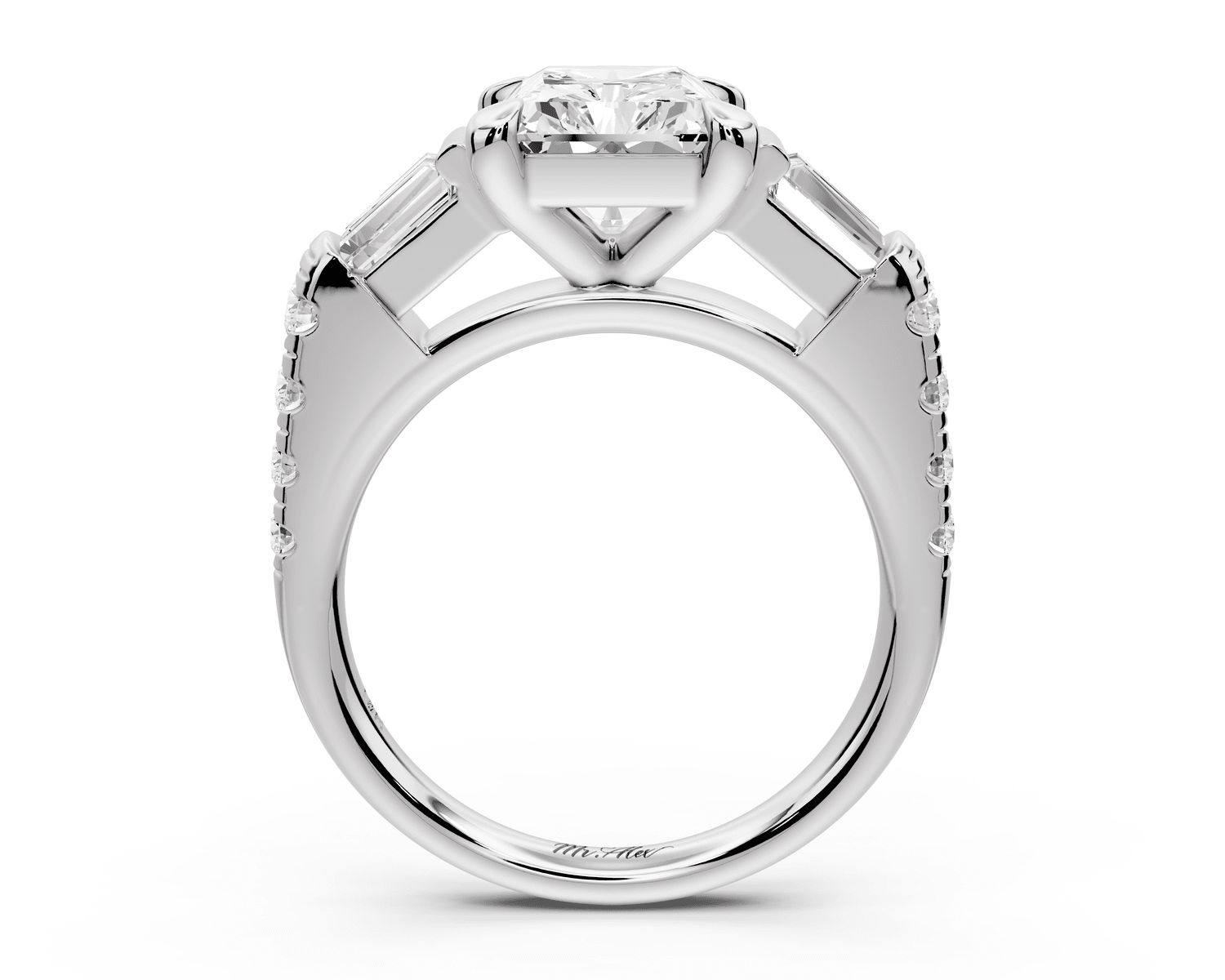 Aria - 3ct platinum radiant Diamond with tapered baguettes and round accent stones engagement ring - Mr. Alex Jewelry