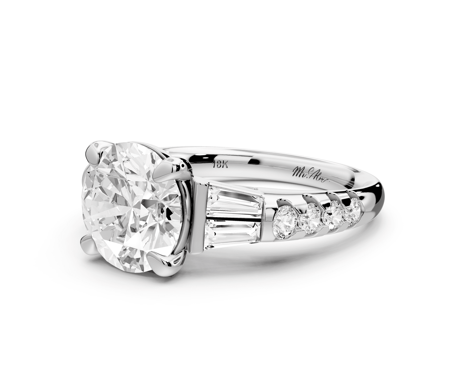 Aria - 3ct platinum round Diamond with tapered baguettes and round accent stones engagment ring - Mr. Alex Jewelry