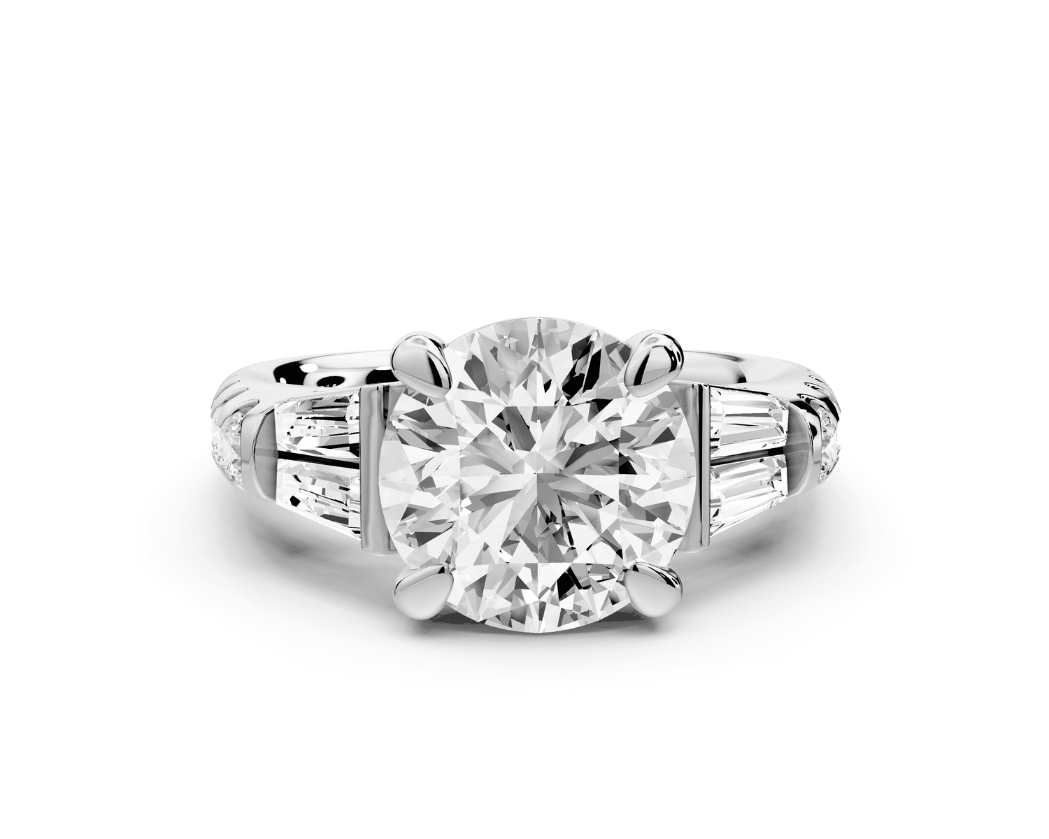 Aria - 3ct platinum round Diamond with tapered baguettes and round accent stones engagment ring - Mr. Alex Jewelry
