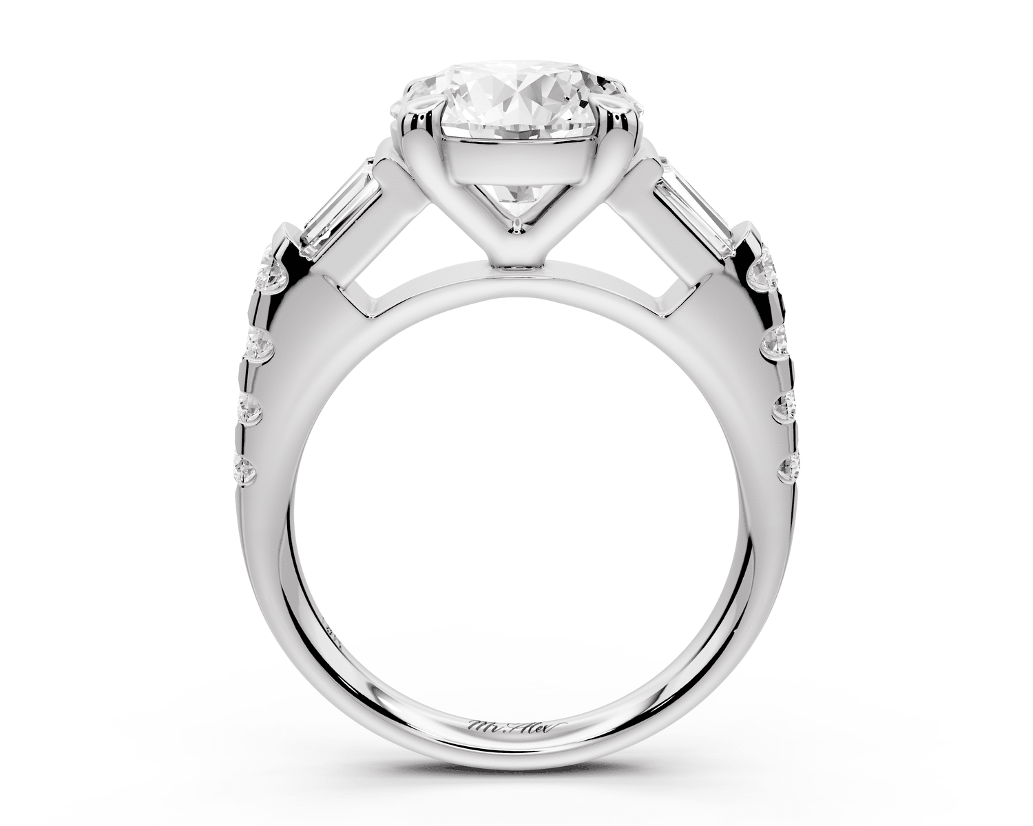 Aria - 3ct platinum round Diamond with tapered baguettes and round accent stones engagment ring - Mr. Alex Jewelry
