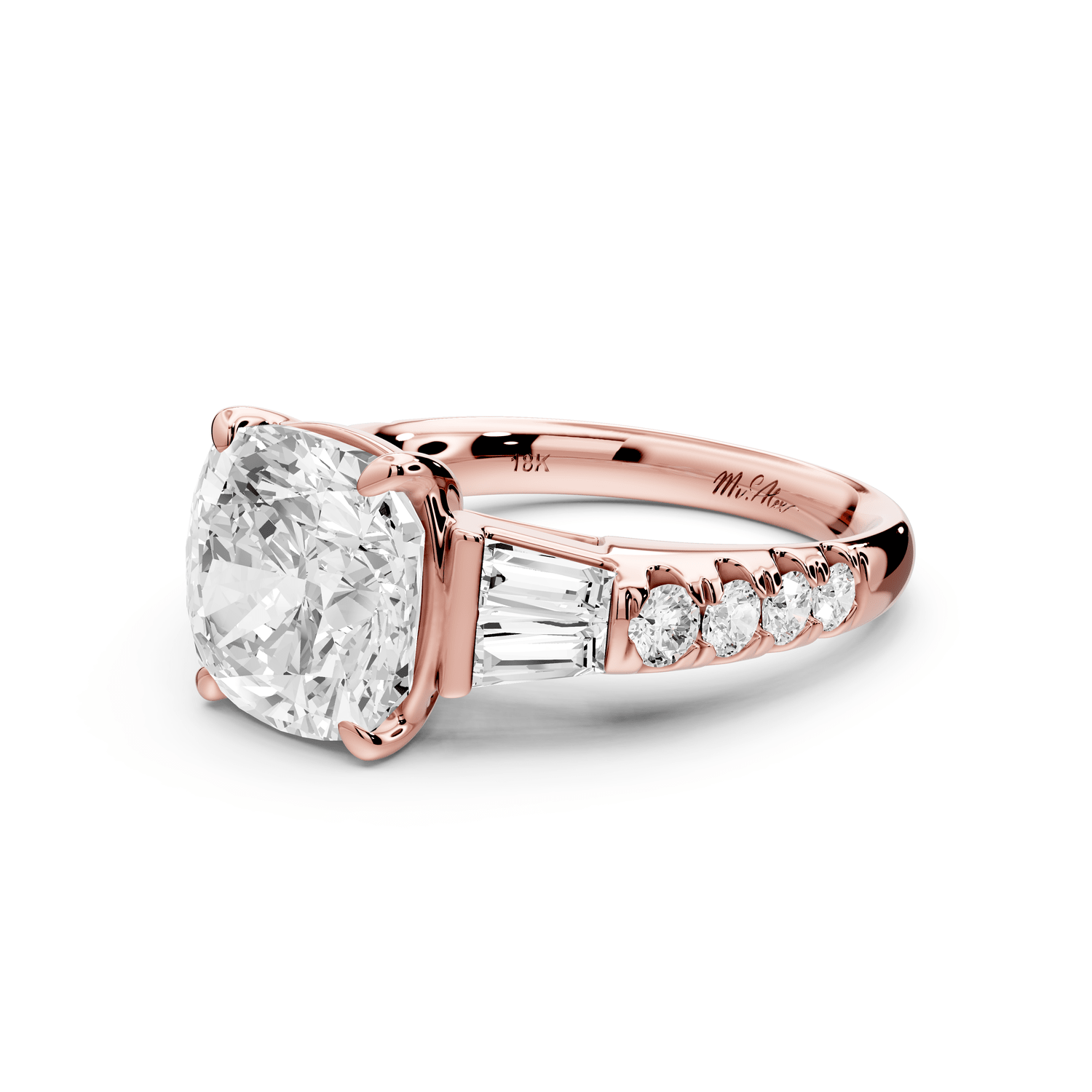 Aria - 4ct 14k rose gold cushion Diamond with tapered baguettes and round accent stones engagement ring - Mr. Alex Jewelry
