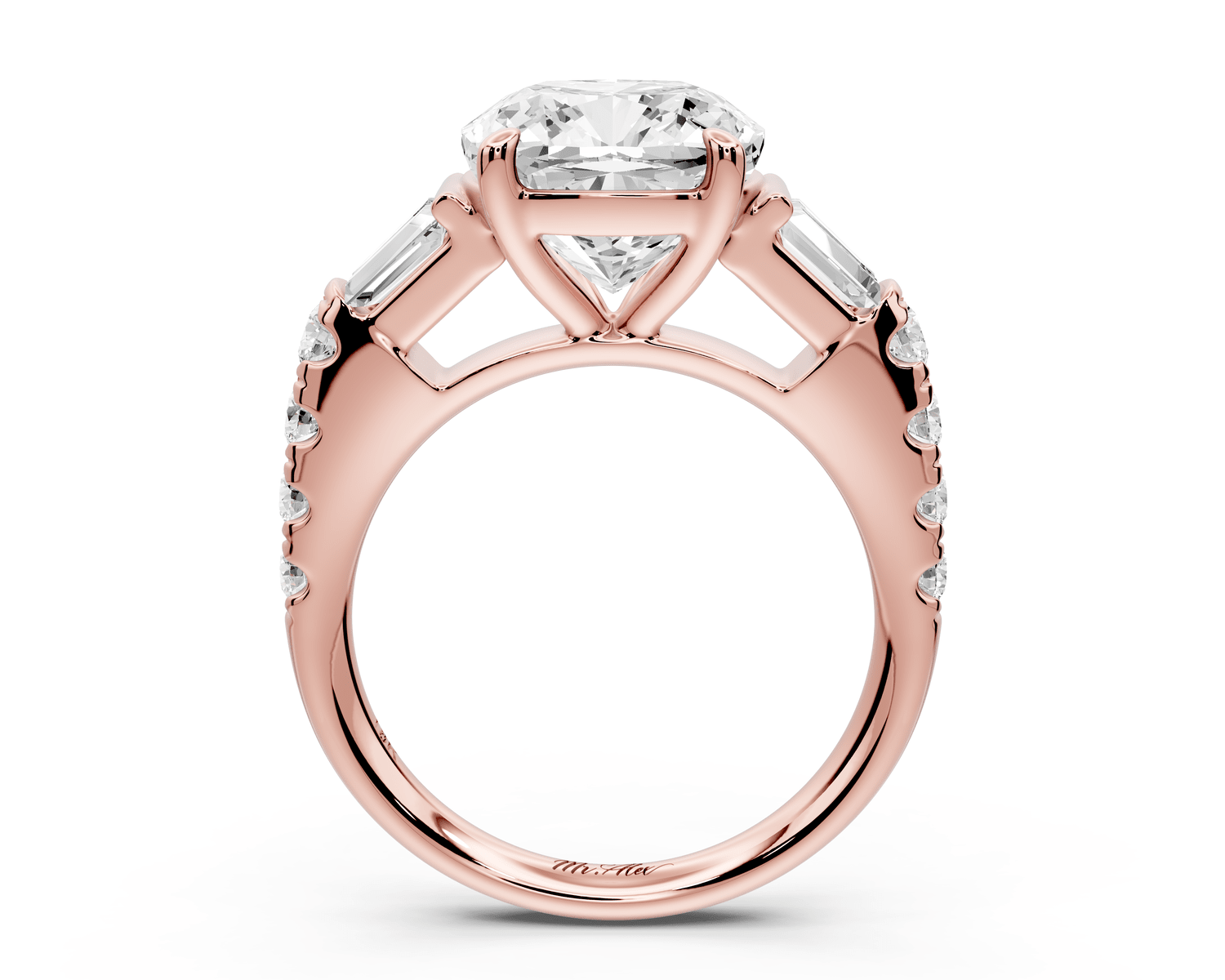 Aria - 4ct 14k rose gold cushion Diamond with tapered baguettes and round accent stones engagement ring - Mr. Alex Jewelry
