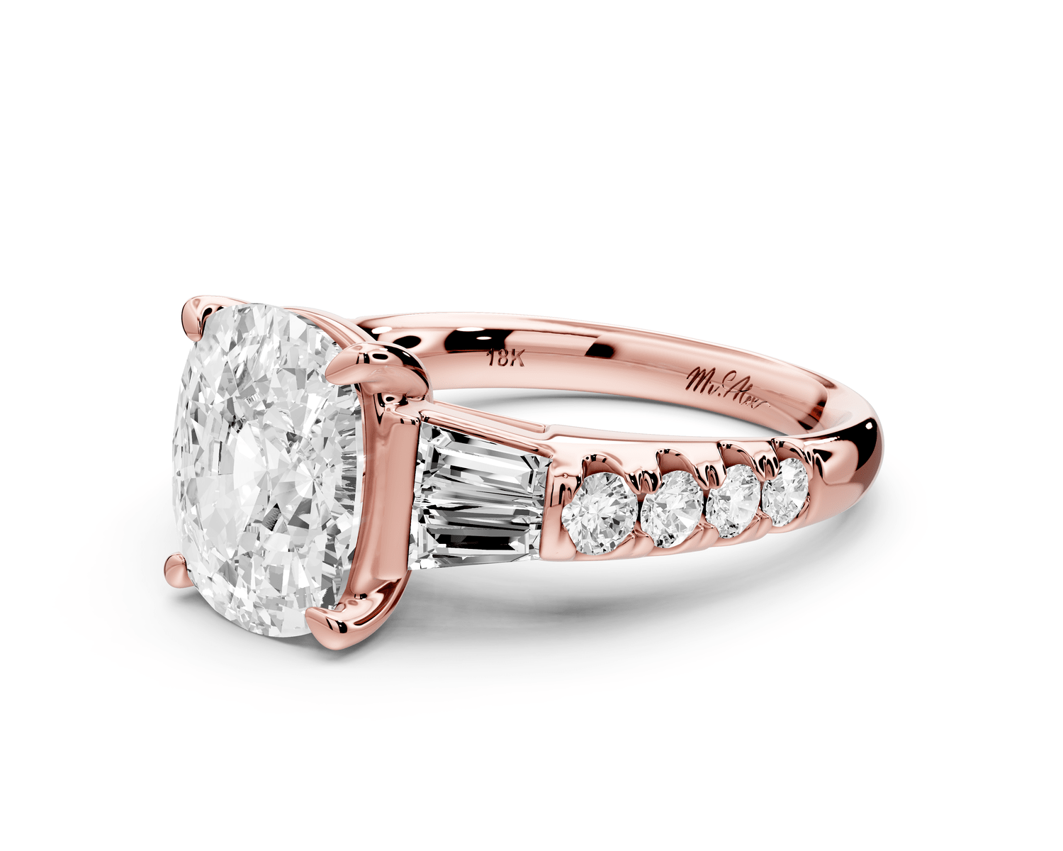 Aria - 4ct 14k rose gold Elongated Cushion Diamond with tapered baguettes and round accent stones engagement ring - Mr. Alex Jewelry