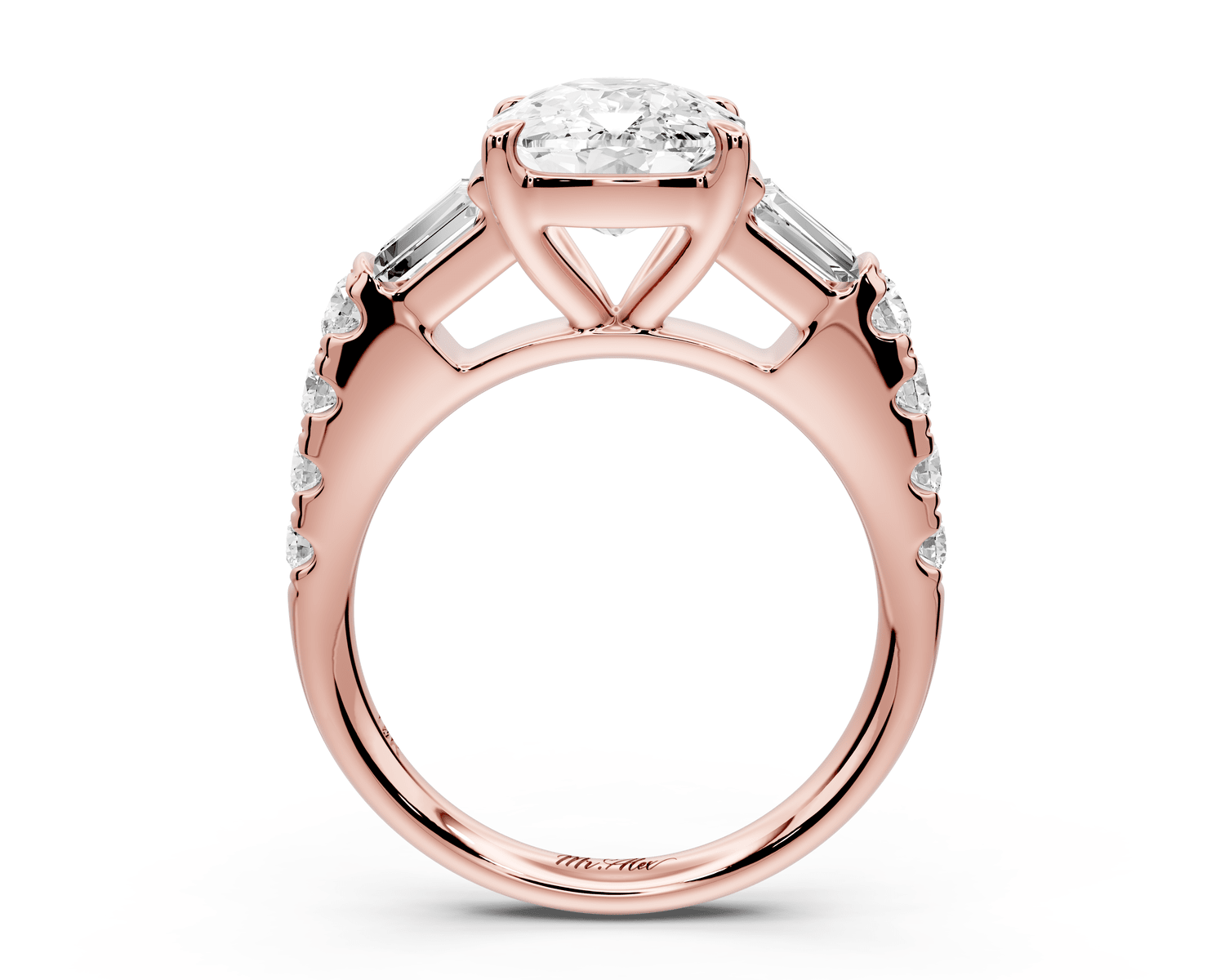 Aria - 4ct 14k rose gold Elongated Cushion Diamond with tapered baguettes and round accent stones engagement ring - Mr. Alex Jewelry