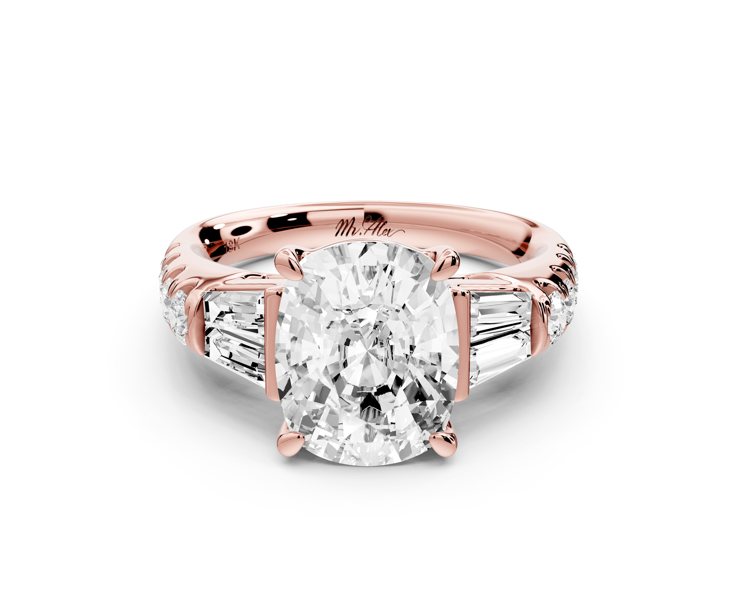 Aria - 4ct 14k rose gold Elongated Cushion Diamond with tapered baguettes and round accent stones engagement ring - Mr. Alex Jewelry