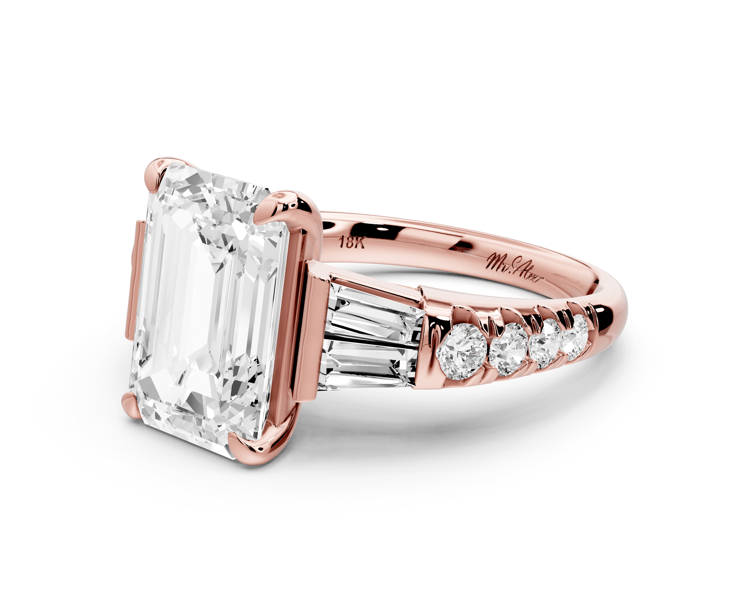 Aria - 4ct 14k rose gold emerald Diamond with tapered baguettes and round accent stones Engagement ring - Mr. Alex Jewelry