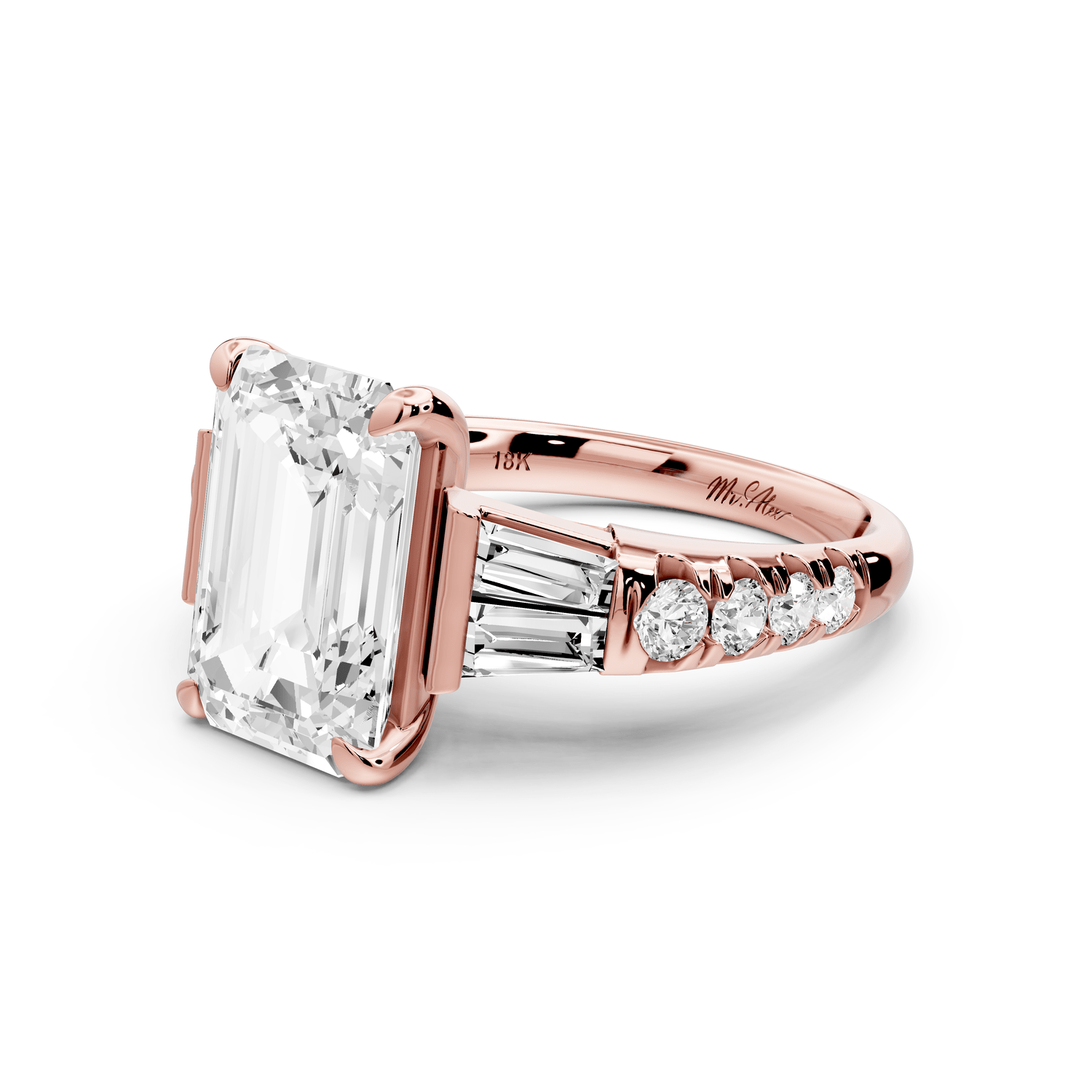 Aria - 4ct 14k rose gold emerald Diamond with tapered baguettes and round accent stones Engagement ring - Mr. Alex Jewelry