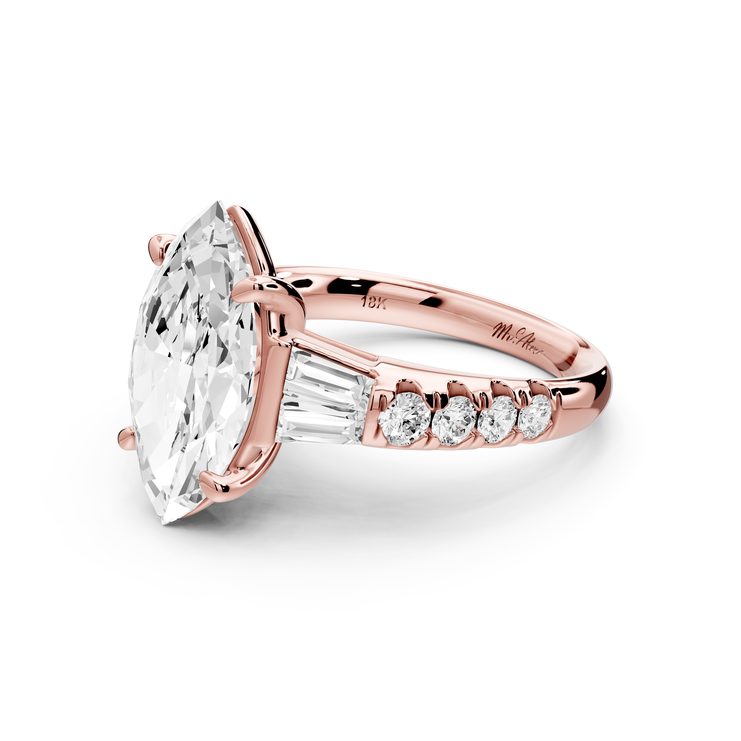 Aria - 4ct 14k rose gold marquise Diamond with tapered baguettes and round accent stones engagement ring - Mr. Alex Jewelry