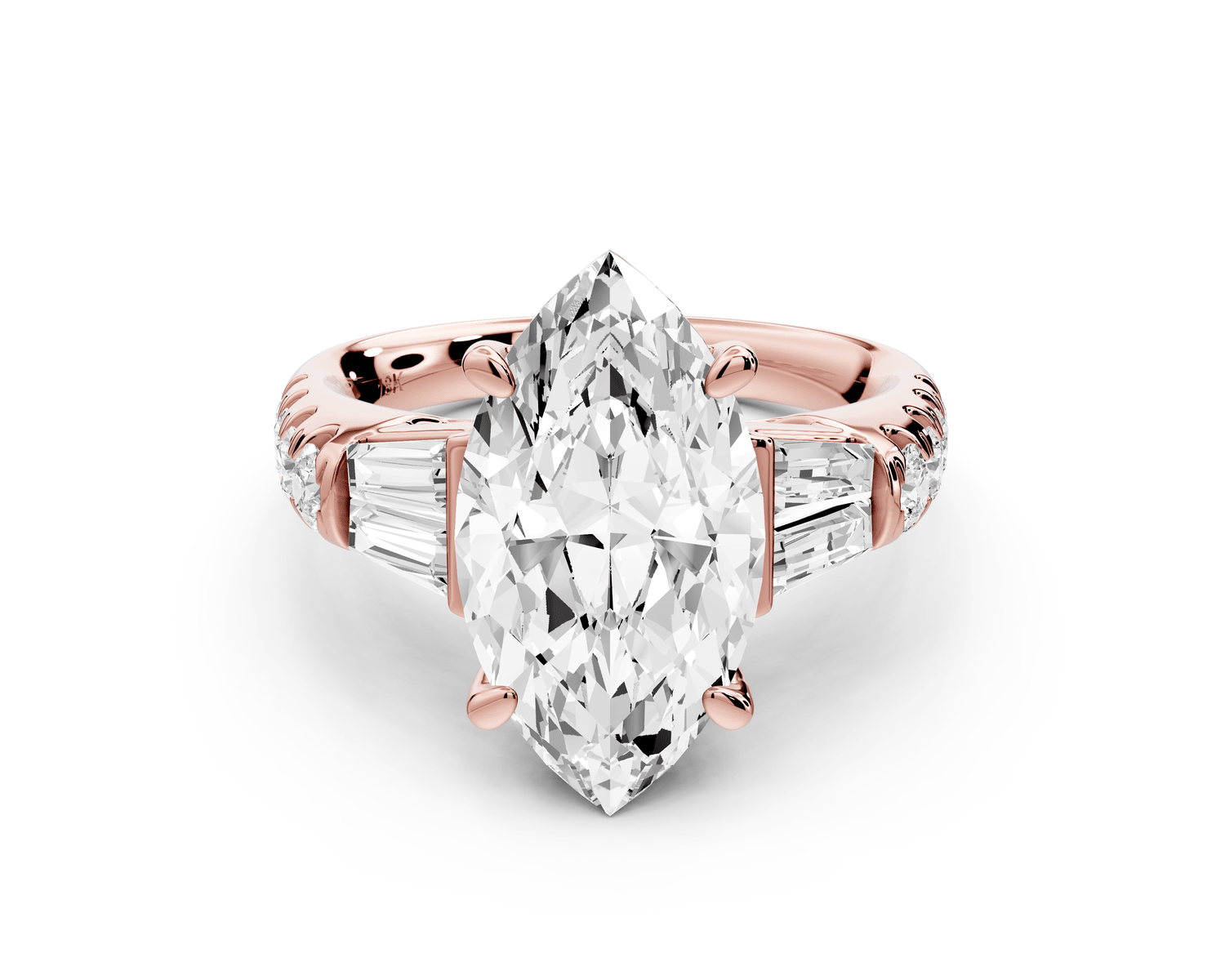 Aria - 4ct 14k rose gold marquise Diamond with tapered baguettes and round accent stones engagement ring - Mr. Alex Jewelry