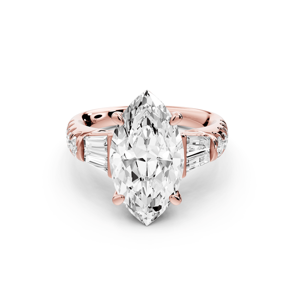 Aria - 4ct 14k rose gold marquise Diamond with tapered baguettes and round accent stones engagement ring - Mr. Alex Jewelry