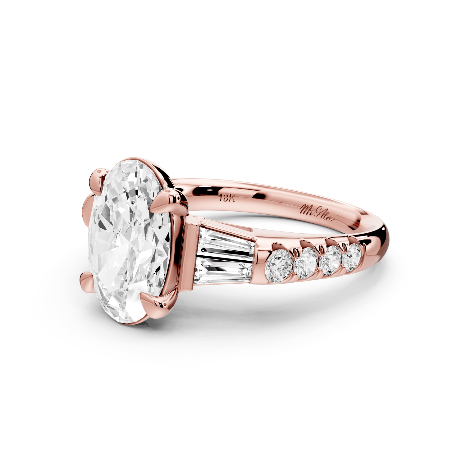 Aria - 4ct 14k rose gold oval Diamond with tapered baguettes and round accent stones Engagement ring - Mr. Alex Jewelry