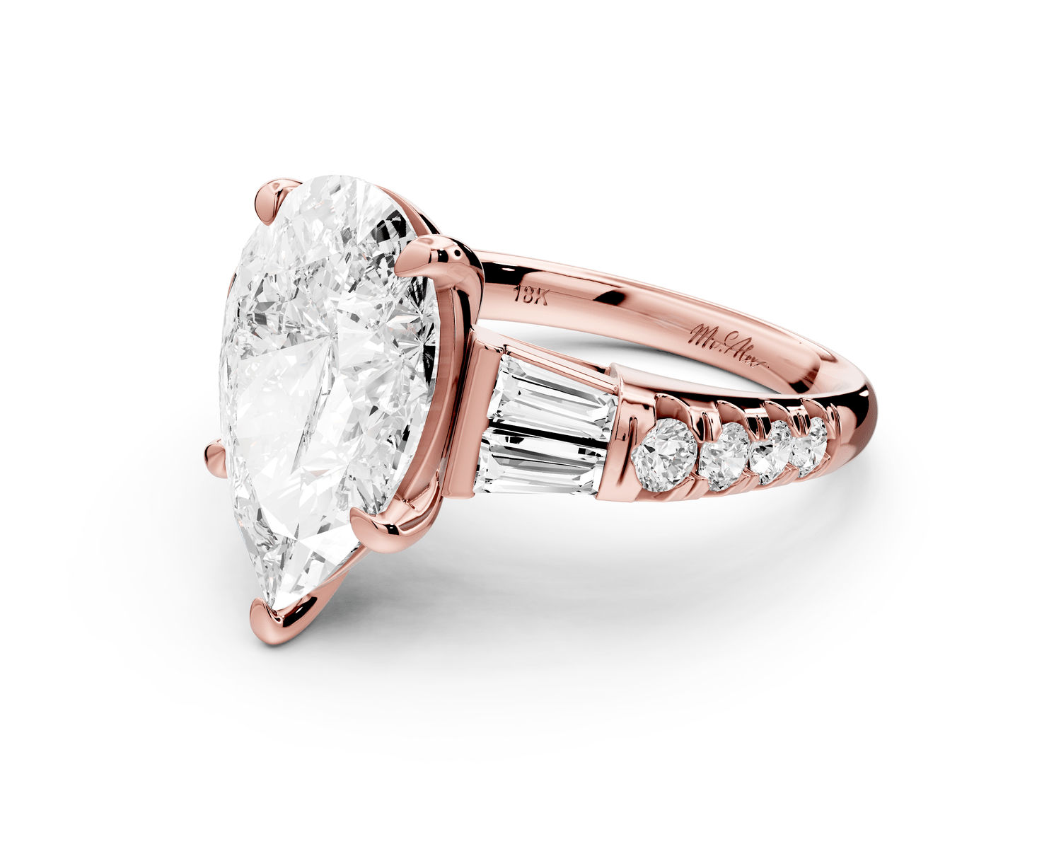 Aria - 4ct 14k rose gold pear Diamond with tapered baguettes and round accent stones Engagement ring - Mr. Alex Jewelry