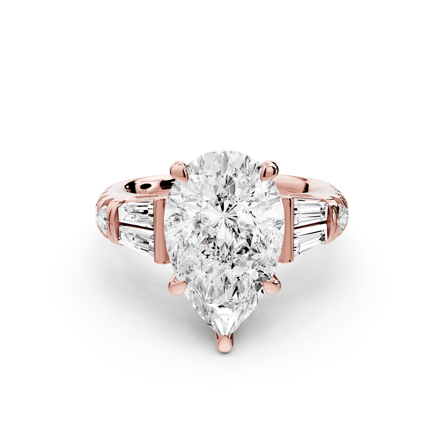 Aria - 4ct 14k rose gold pear Diamond with tapered baguettes and round accent stones Engagement ring - Mr. Alex Jewelry