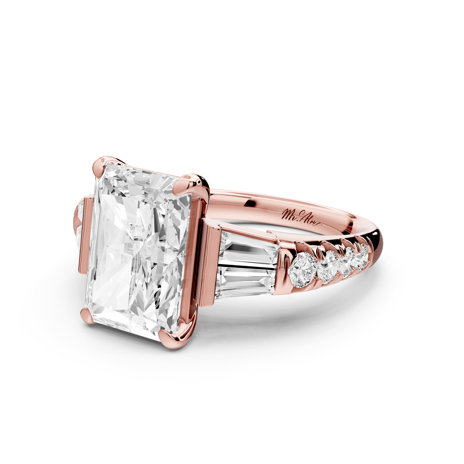 Aria - 4ct 14k rose gold radiant Diamond with tapered baguettes and round accent stones engagement ring - Mr. Alex Jewelry