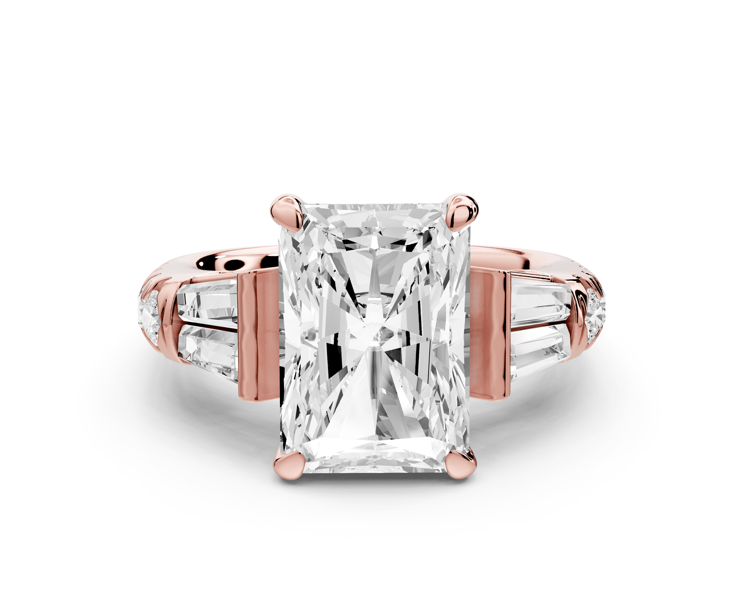 Aria - 4ct 14k rose gold radiant Diamond with tapered baguettes and round accent stones engagement ring - Mr. Alex Jewelry
