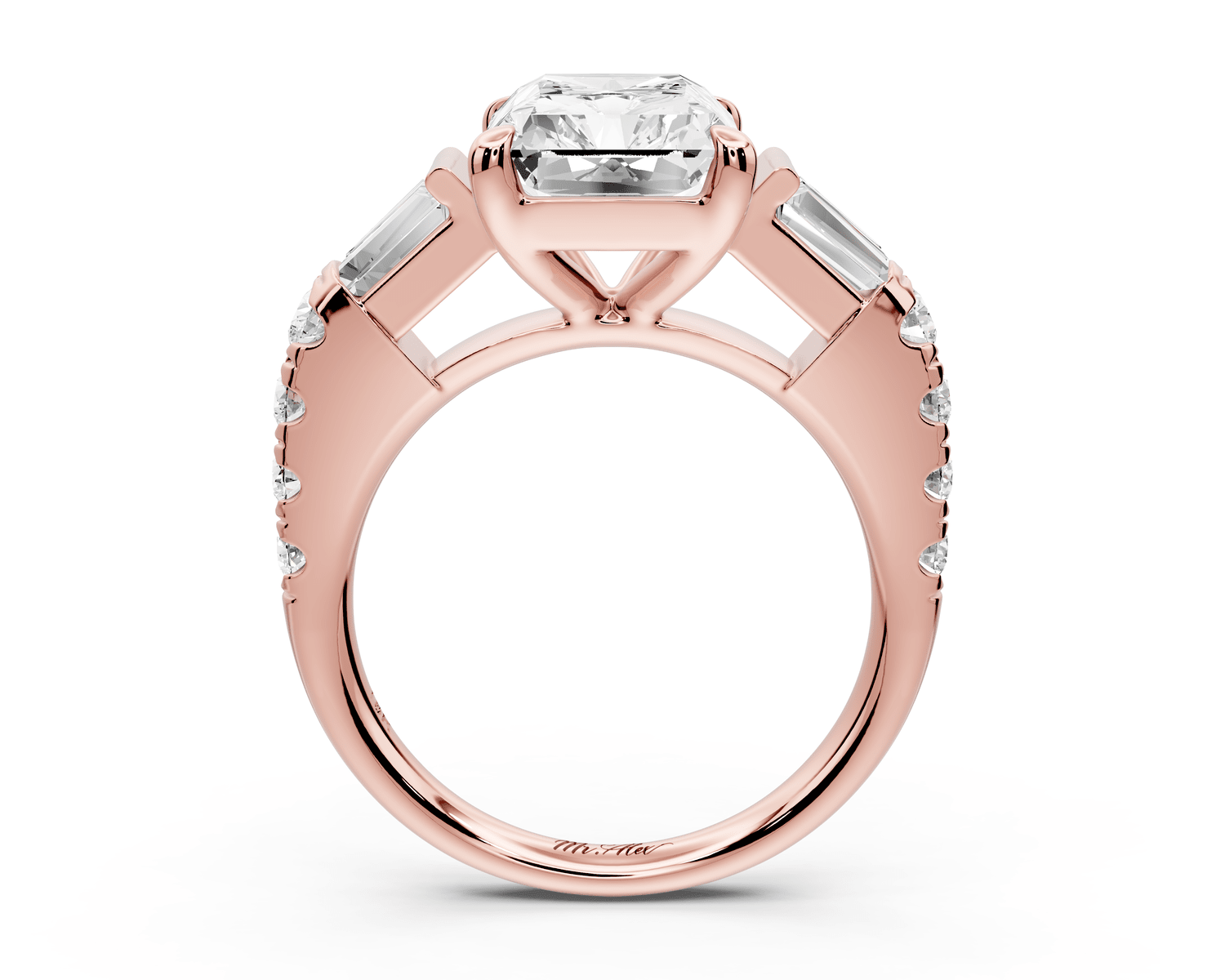 Aria - 4ct 14k rose gold radiant Diamond with tapered baguettes and round accent stones engagement ring - Mr. Alex Jewelry
