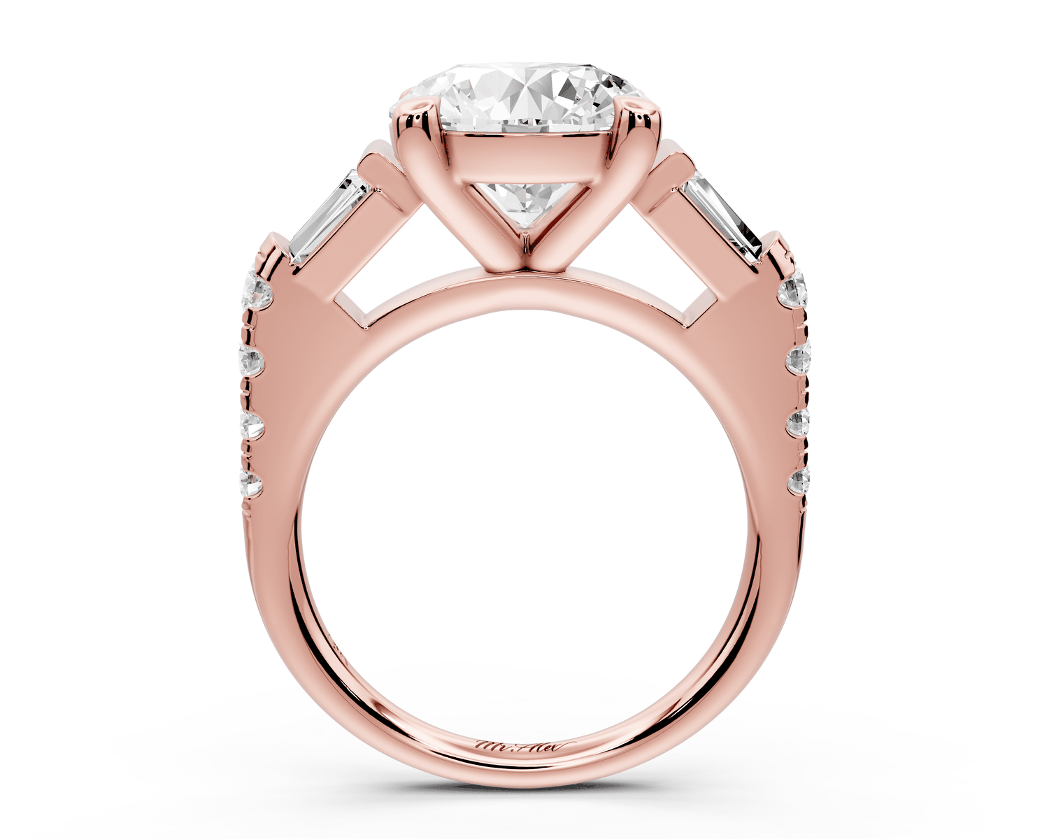 Aria - 4ct 14k rose gold round Diamond with tapered baguettes and round accent stones engagment ring - Mr. Alex Jewelry