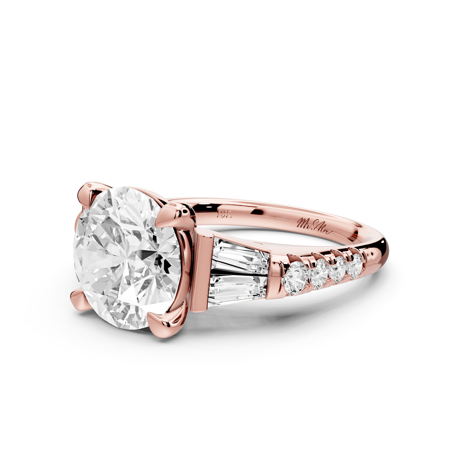 Aria - 4ct 14k rose gold round Diamond with tapered baguettes and round accent stones engagment ring - Mr. Alex Jewelry