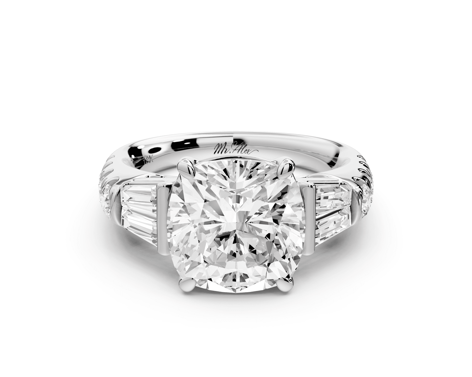 Aria - 4ct 14k white gold cushion Diamond with tapered baguettes and round accent stones engagement ring - Mr. Alex Jewelry