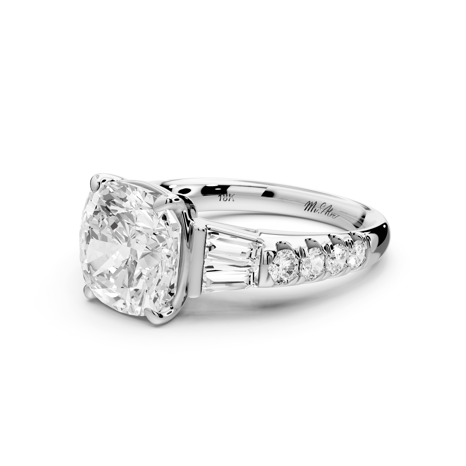 Aria - 4ct 14k white gold cushion Diamond with tapered baguettes and round accent stones engagement ring - Mr. Alex Jewelry