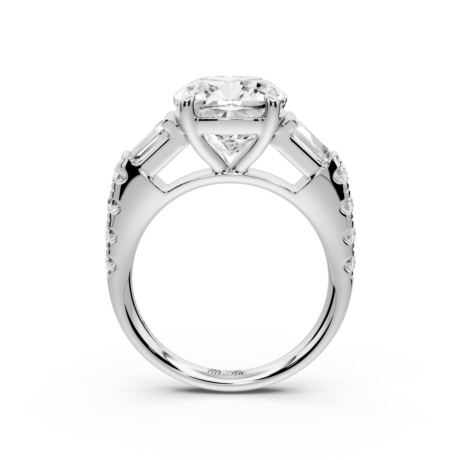 Aria - 4ct 14k white gold cushion Diamond with tapered baguettes and round accent stones engagement ring - Mr. Alex Jewelry