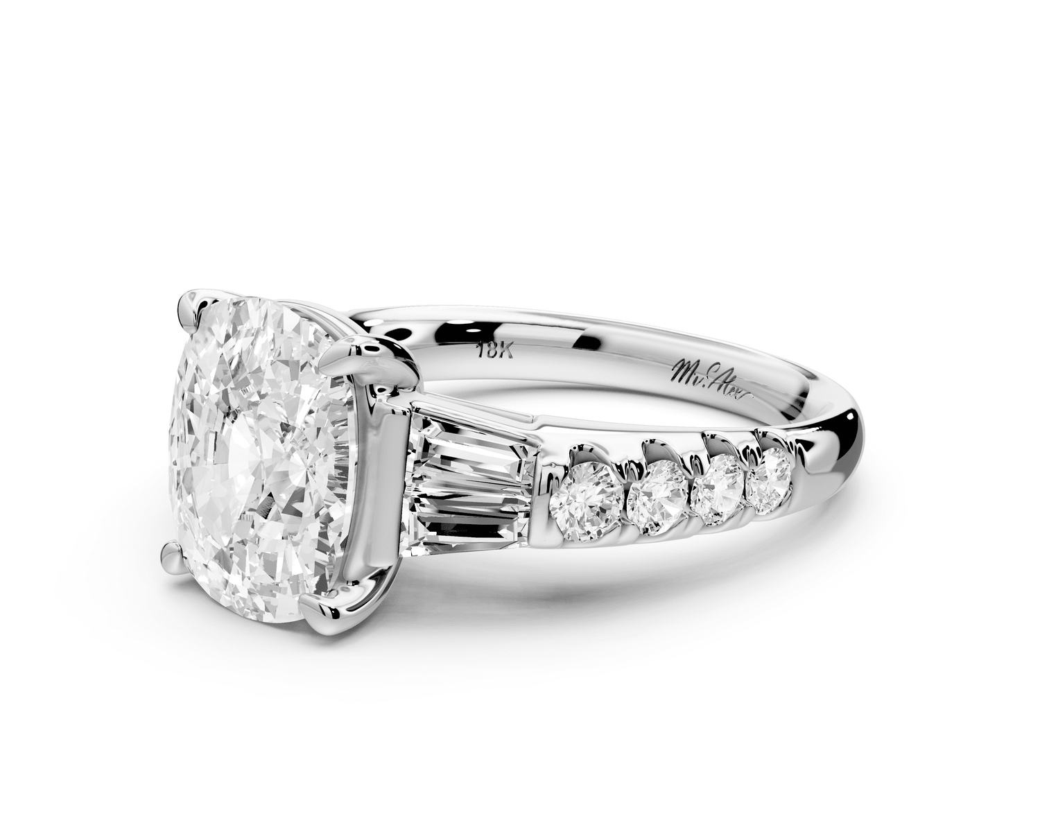 Aria - 4ct 14k white gold Elongated Cushion Diamond with tapered baguettes and round accent stones engagement ring - Mr. Alex Jewelry