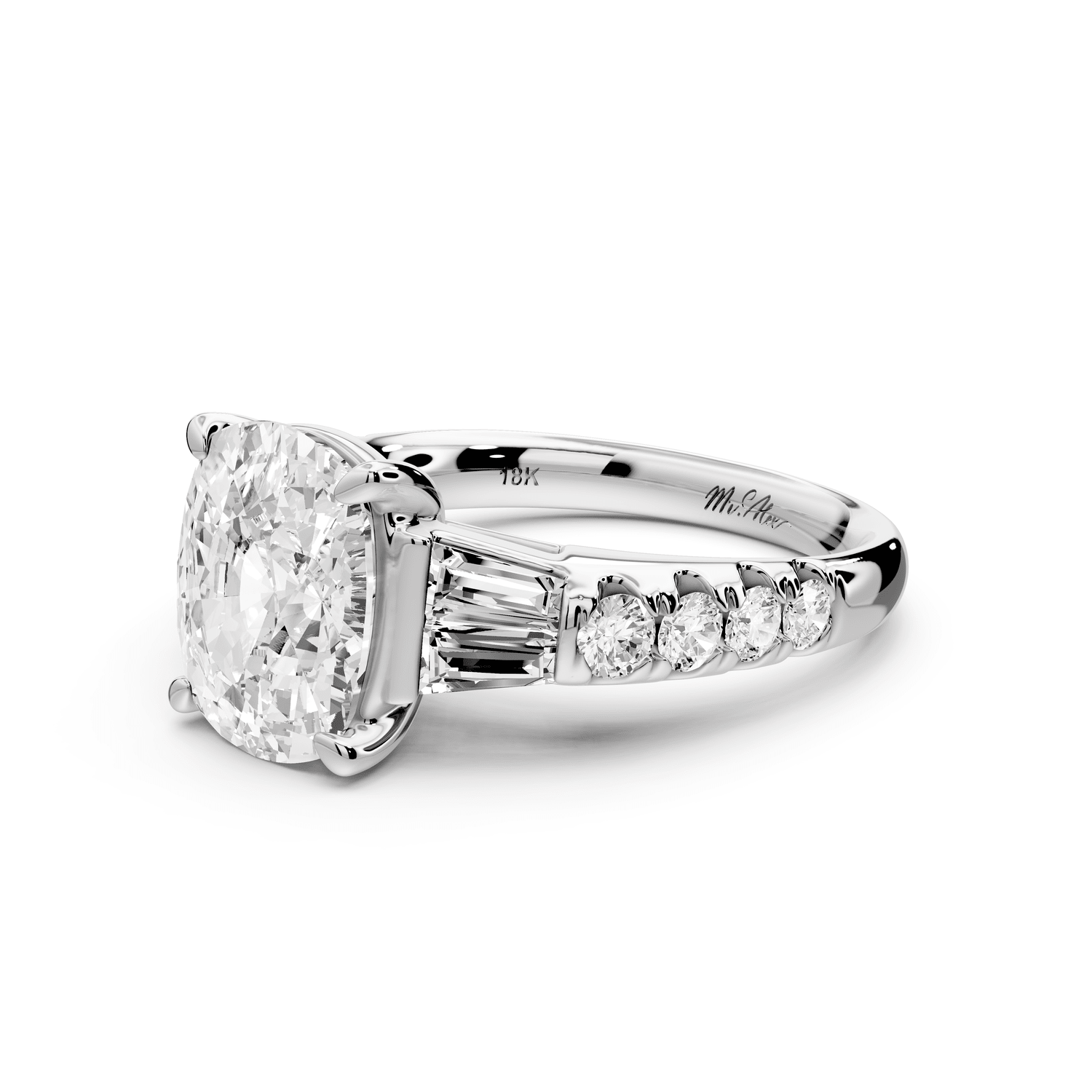 Aria - 4ct 14k white gold Elongated Cushion Diamond with tapered baguettes and round accent stones engagement ring - Mr. Alex Jewelry