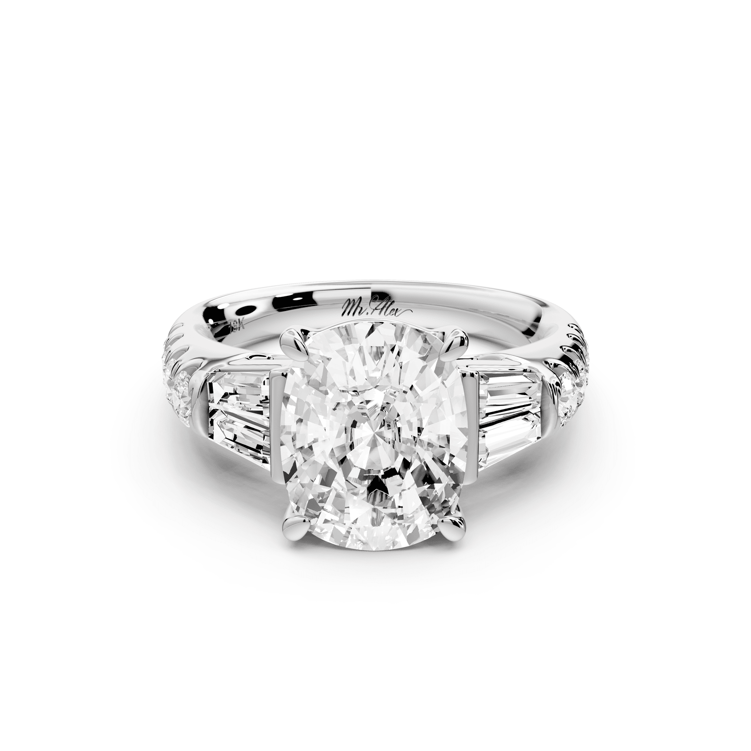 Aria - 4ct 14k white gold Elongated Cushion Diamond with tapered baguettes and round accent stones engagement ring - Mr. Alex Jewelry