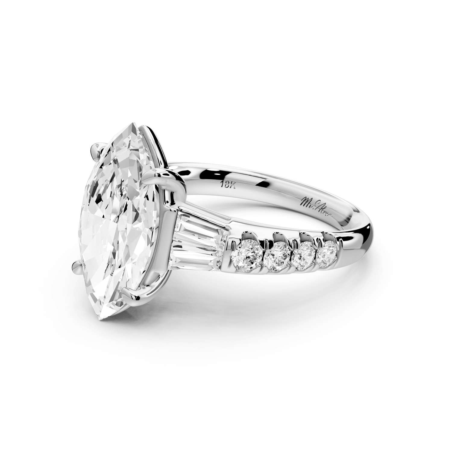 Aria - 4ct 14k white gold marquise Diamond with tapered baguettes and round accent stones engagement ring - Mr. Alex Jewelry