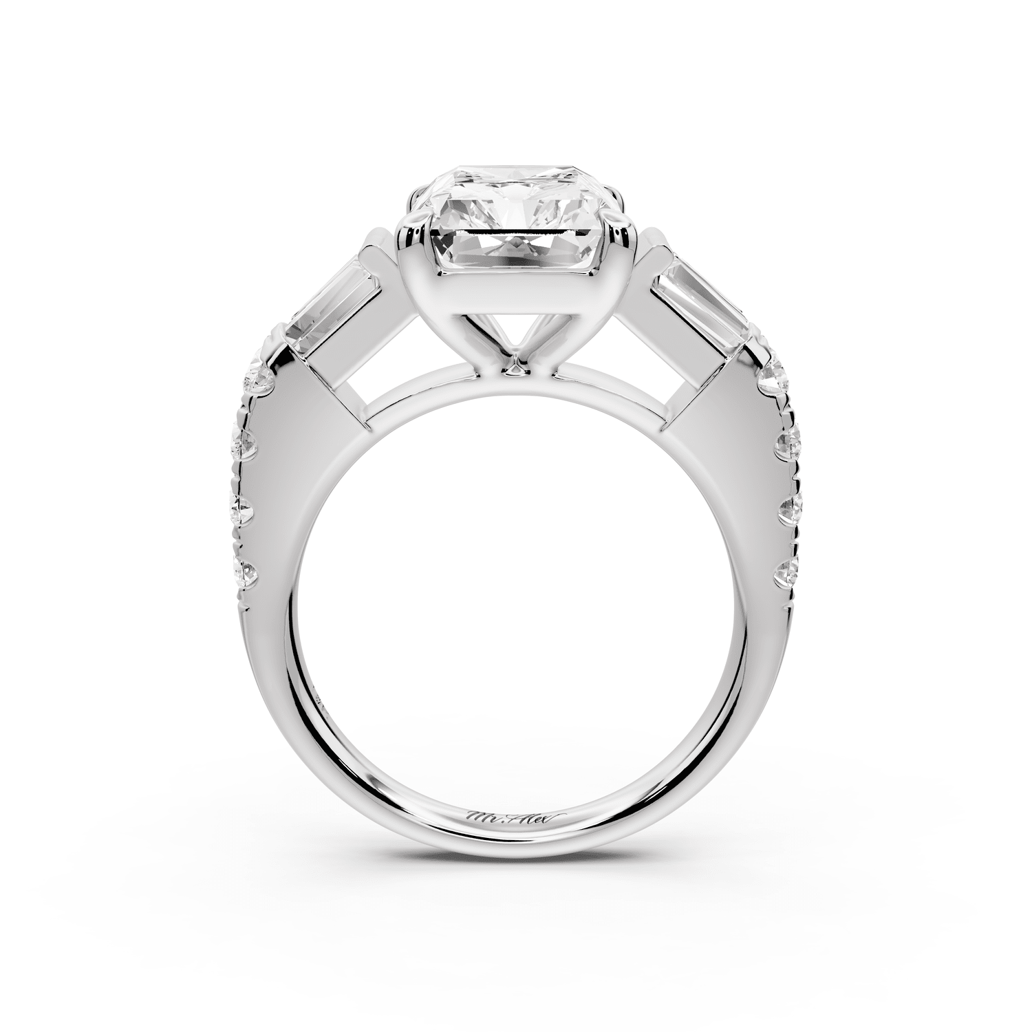Aria - 4ct 14k white gold radiant Diamond with tapered baguettes and round accent stones engagement ring - Mr. Alex Jewelry