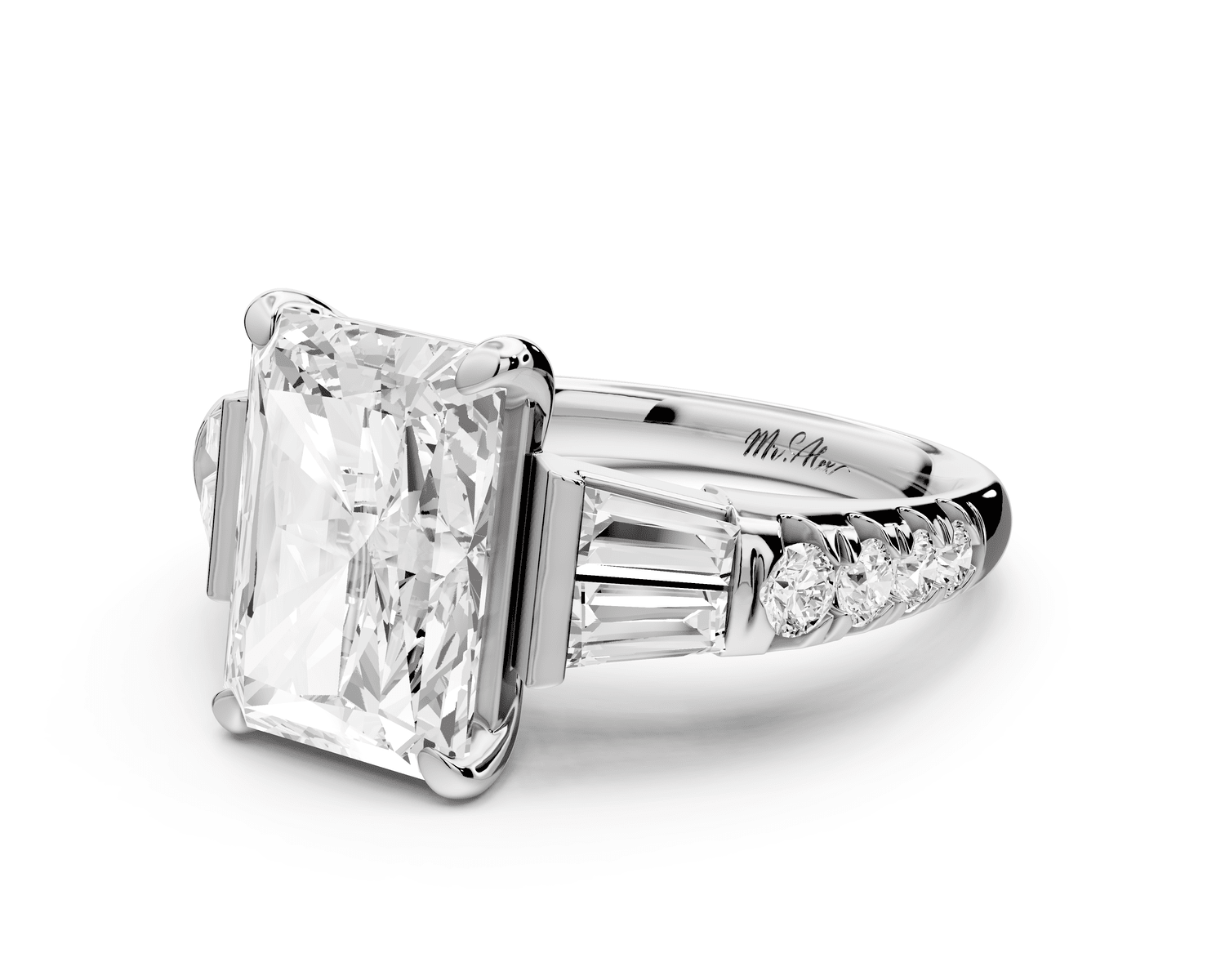 Aria - 4ct 14k white gold radiant Diamond with tapered baguettes and round accent stones engagement ring - Mr. Alex Jewelry