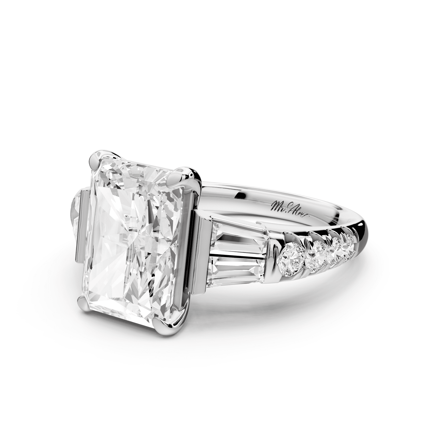 Aria - 4ct 14k white gold radiant Diamond with tapered baguettes and round accent stones engagement ring - Mr. Alex Jewelry