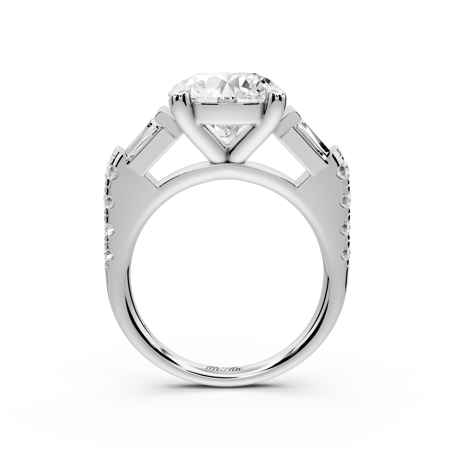 Aria - 4ct 14k white gold round Diamond with tapered baguettes and round accent stones engagment ring - Mr. Alex Jewelry
