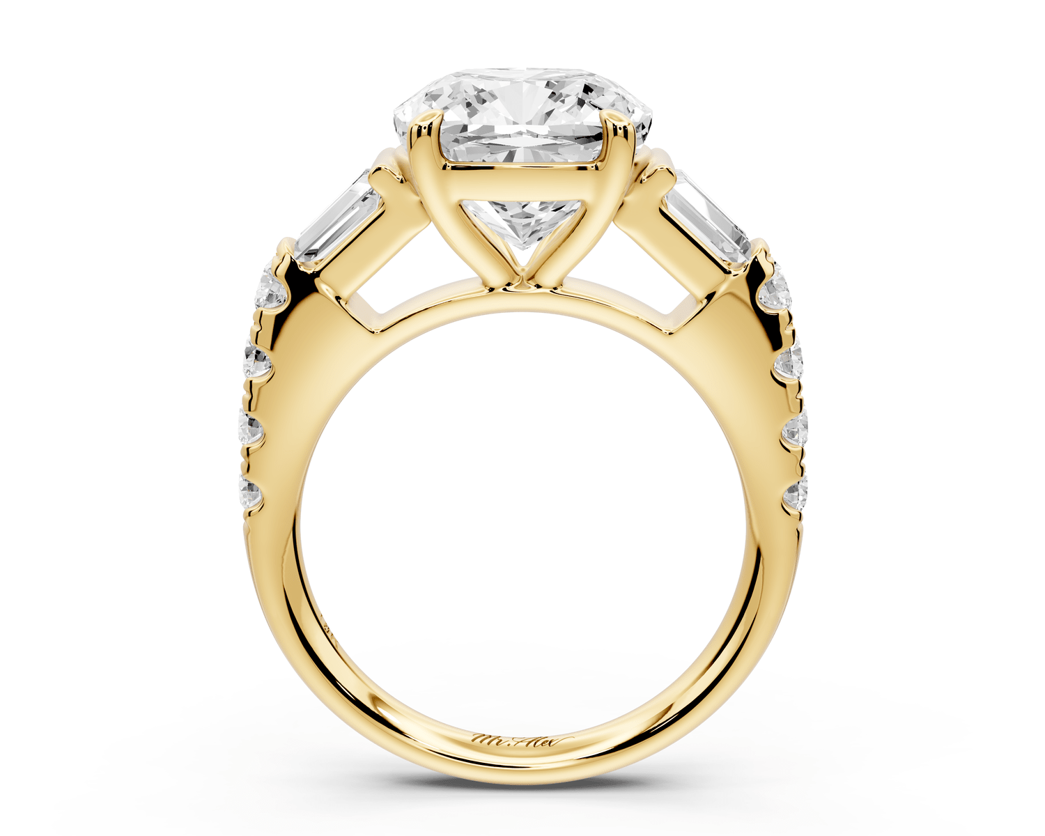 Aria - 4ct 14k yellow gold cushion Diamond with tapered baguettes and round accent stones engagement ring - Mr. Alex Jewelry