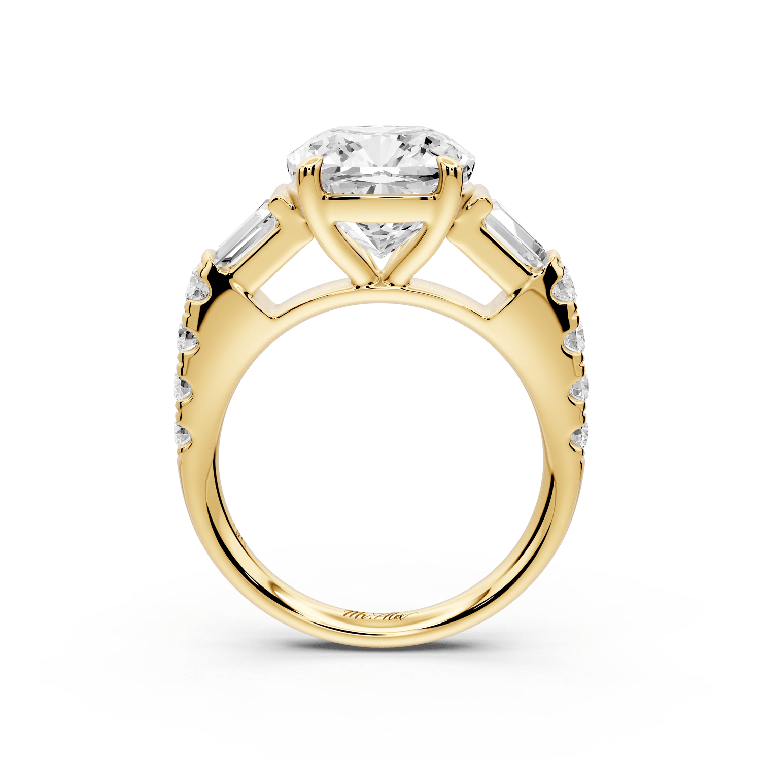 Aria - 4ct 14k yellow gold cushion Diamond with tapered baguettes and round accent stones engagement ring - Mr. Alex Jewelry