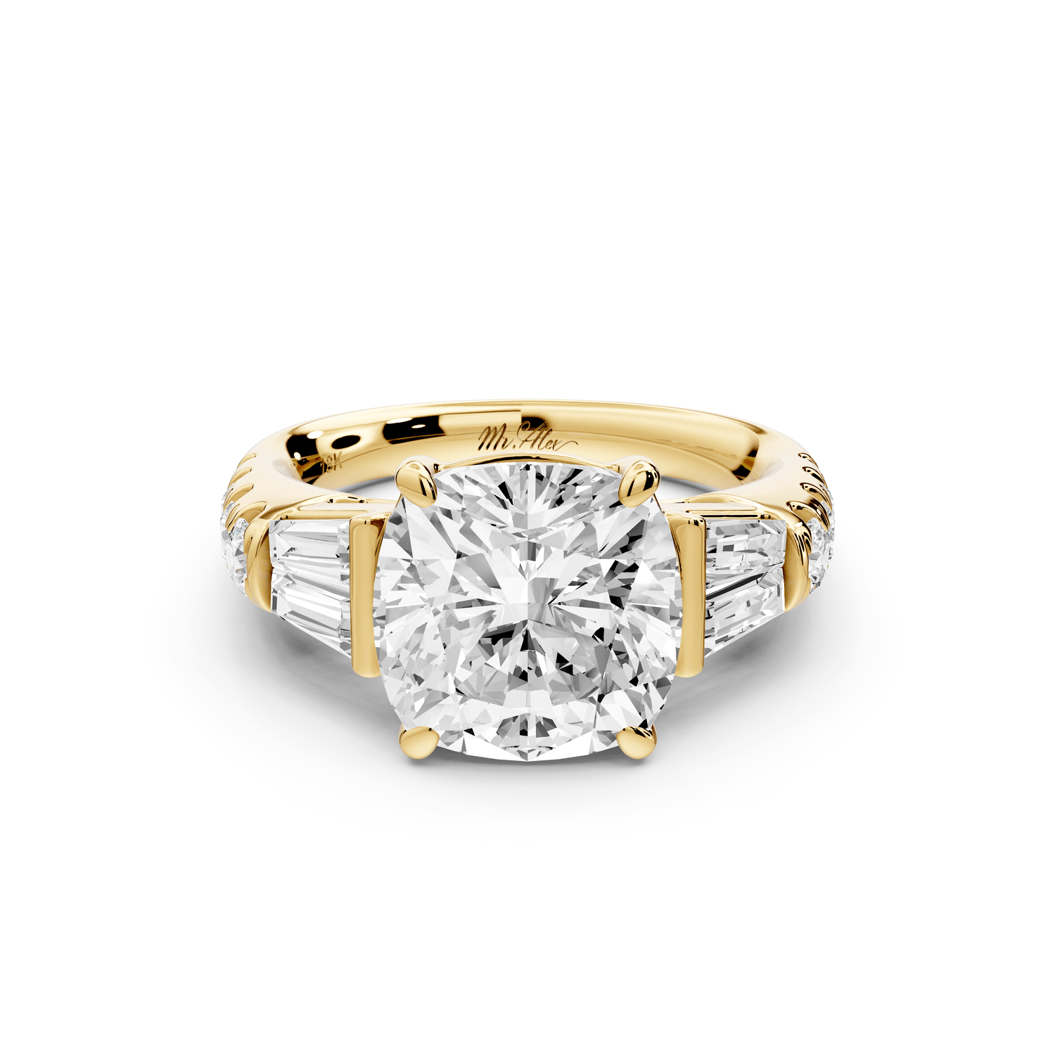 Aria - 4ct 14k yellow gold cushion Diamond with tapered baguettes and round accent stones engagement ring - Mr. Alex Jewelry