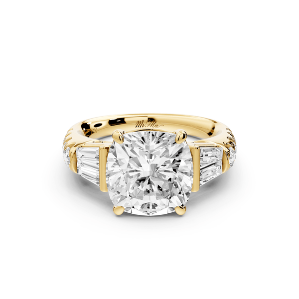 Aria - 4ct 14k yellow gold cushion Diamond with tapered baguettes and round accent stones engagement ring - Mr. Alex Jewelry