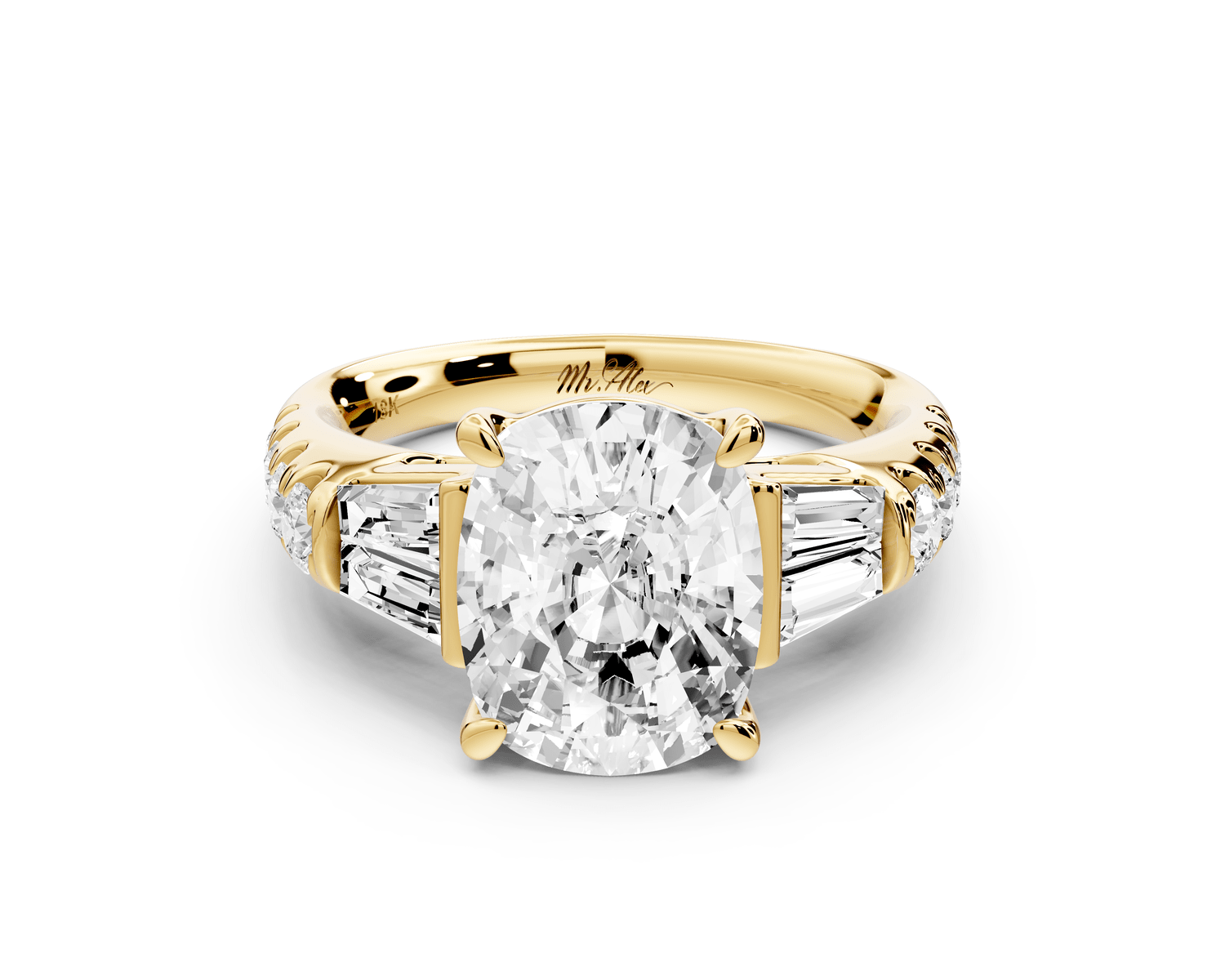 Aria - 4ct 14k yellow gold Elongated Cushion Diamond with tapered baguettes and round accent stones engagement ring - Mr. Alex Jewelry