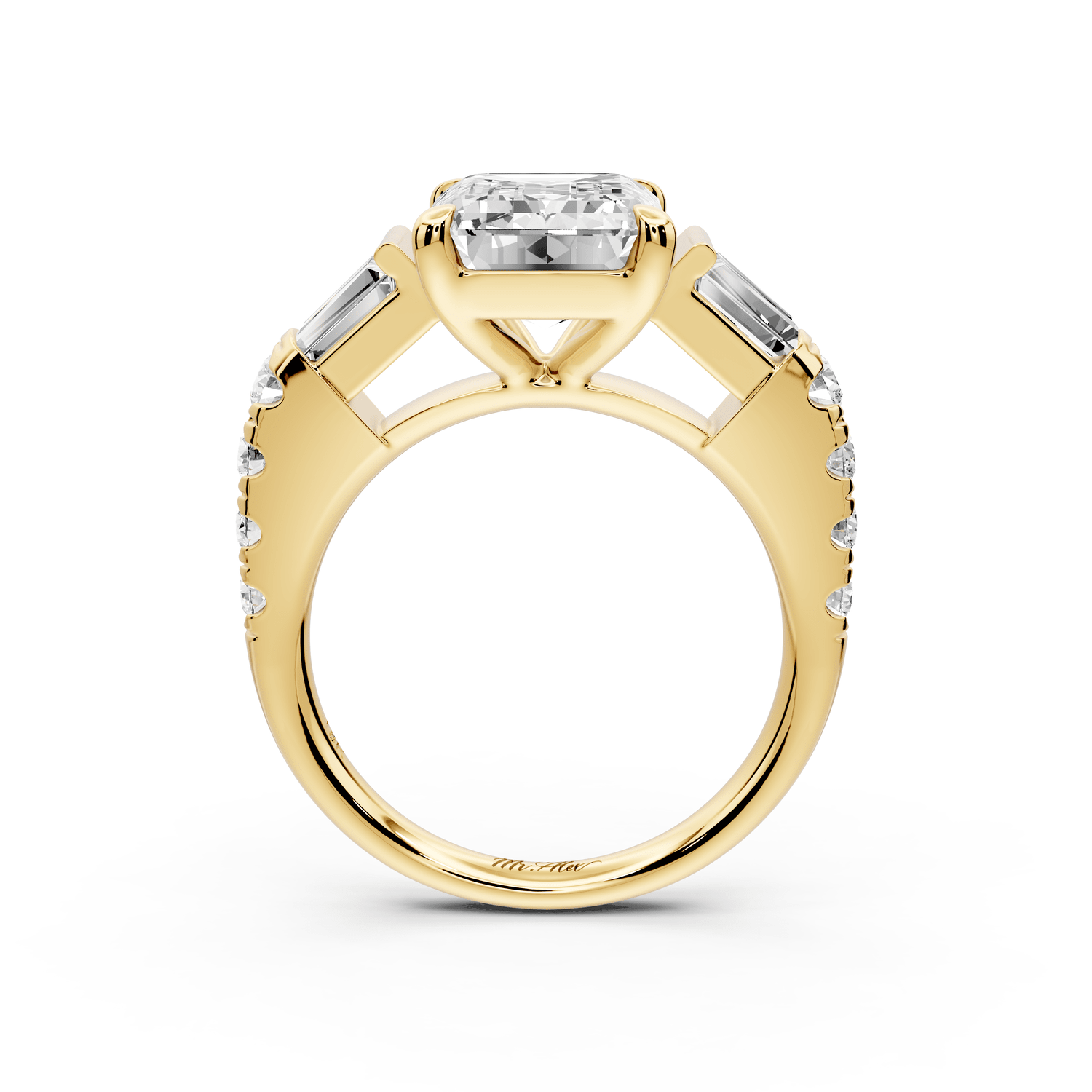 Aria - 4ct 14k yellow gold emerald Diamond with tapered baguettes and round accent stones Engagement ring - Mr. Alex Jewelry