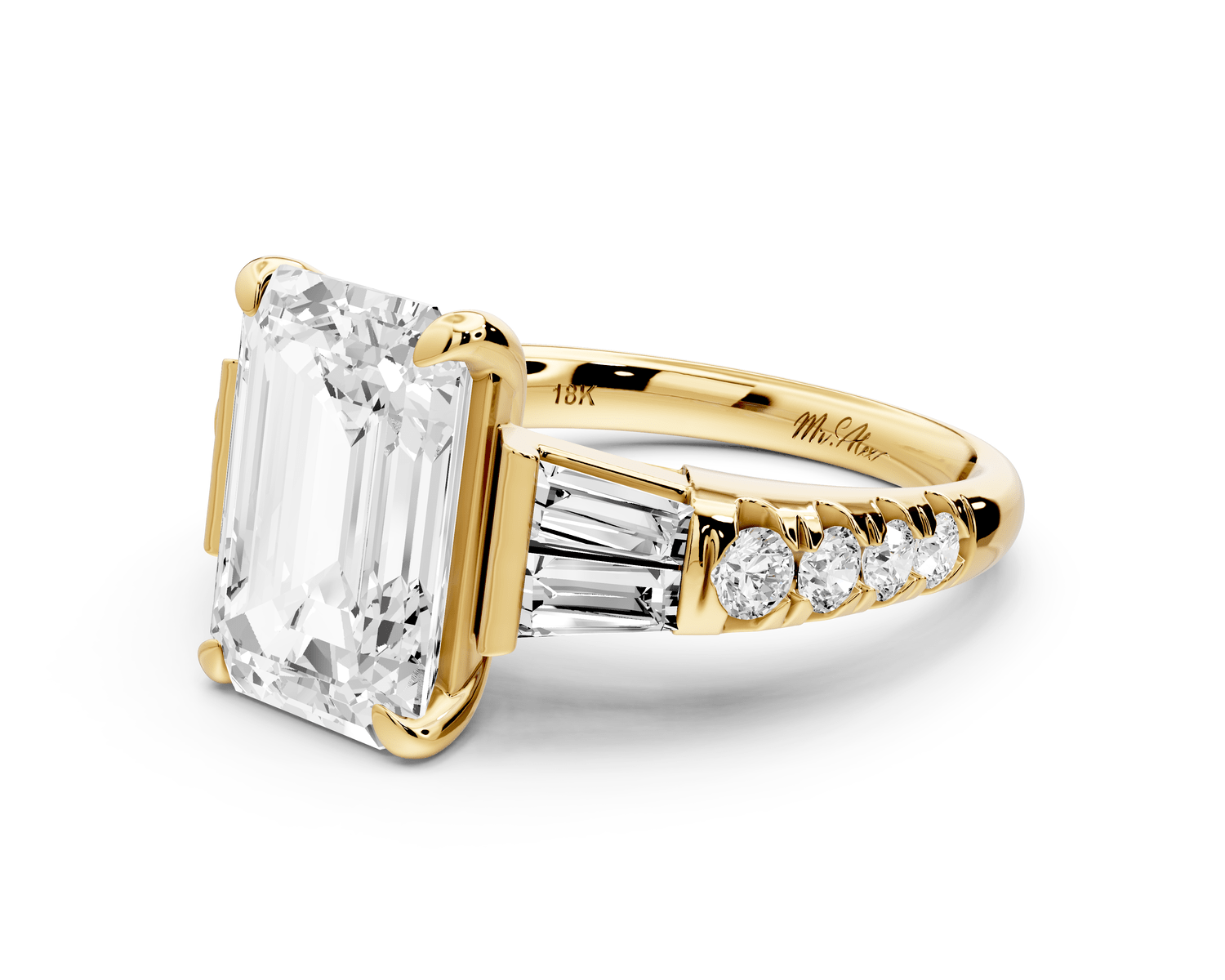 Aria - 4ct 14k yellow gold emerald Diamond with tapered baguettes and round accent stones Engagement ring - Mr. Alex Jewelry