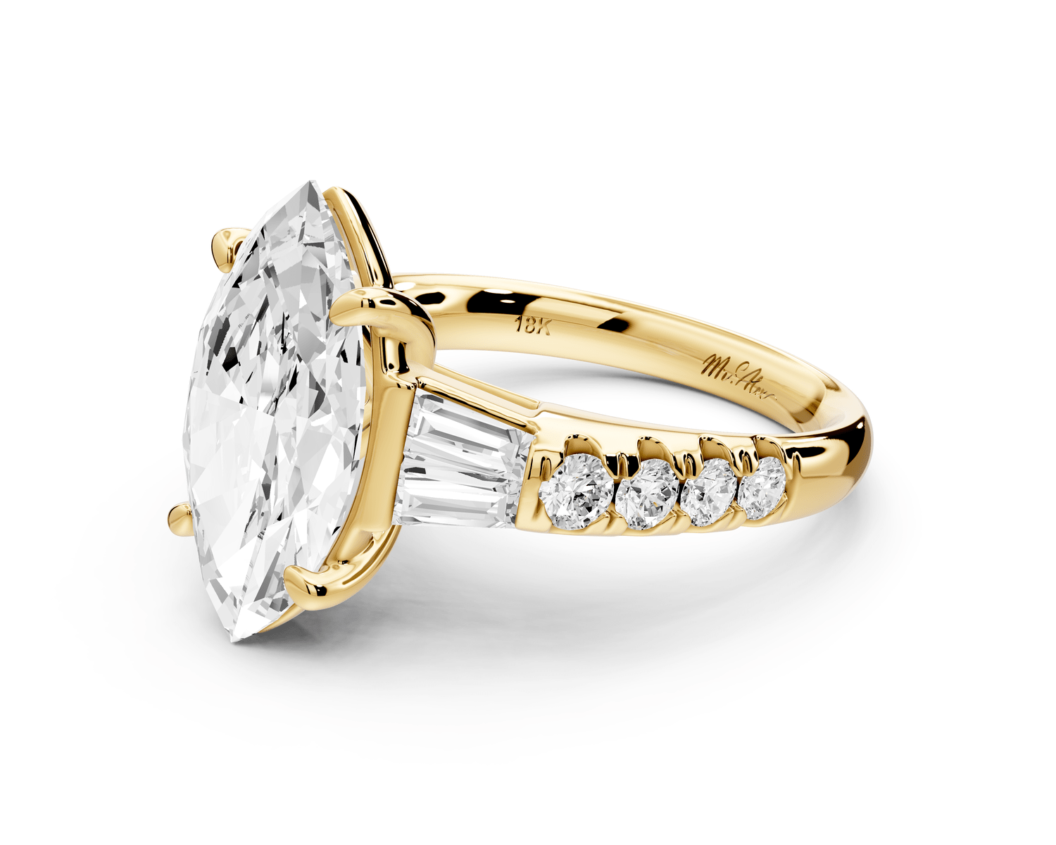 Aria - 4ct 14k yellow gold marquise Diamond with tapered baguettes and round accent stones engagement ring - Mr. Alex Jewelry