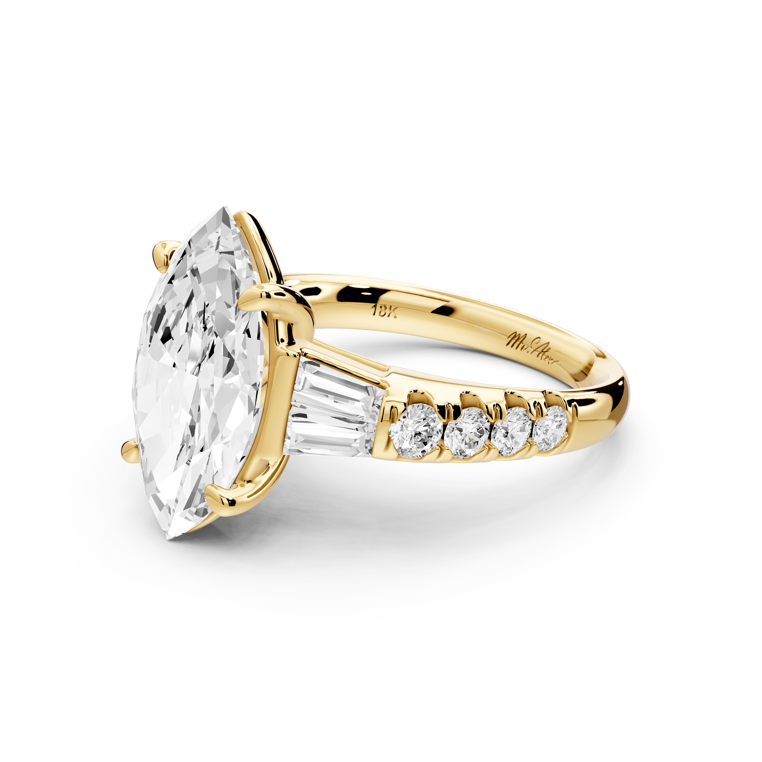 Aria - 4ct 14k yellow gold marquise Diamond with tapered baguettes and round accent stones engagement ring - Mr. Alex Jewelry