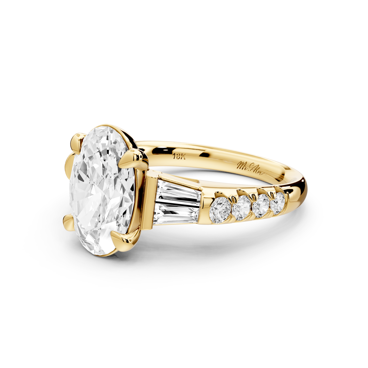 Aria - 4ct 14k yellow gold oval Diamond with tapered baguettes and round accent stones Engagement ring - Mr. Alex Jewelry