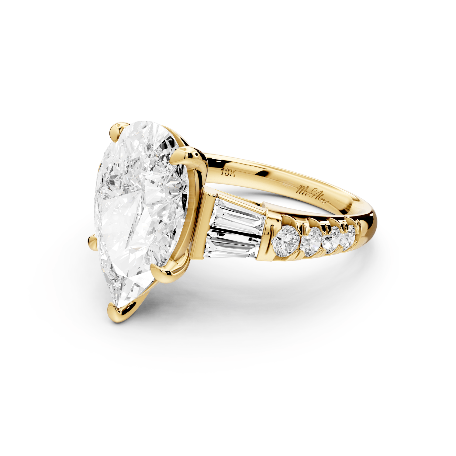 Aria - 4ct 14k yellow gold pear Diamond with tapered baguettes and round accent stones Engagement ring - Mr. Alex Jewelry