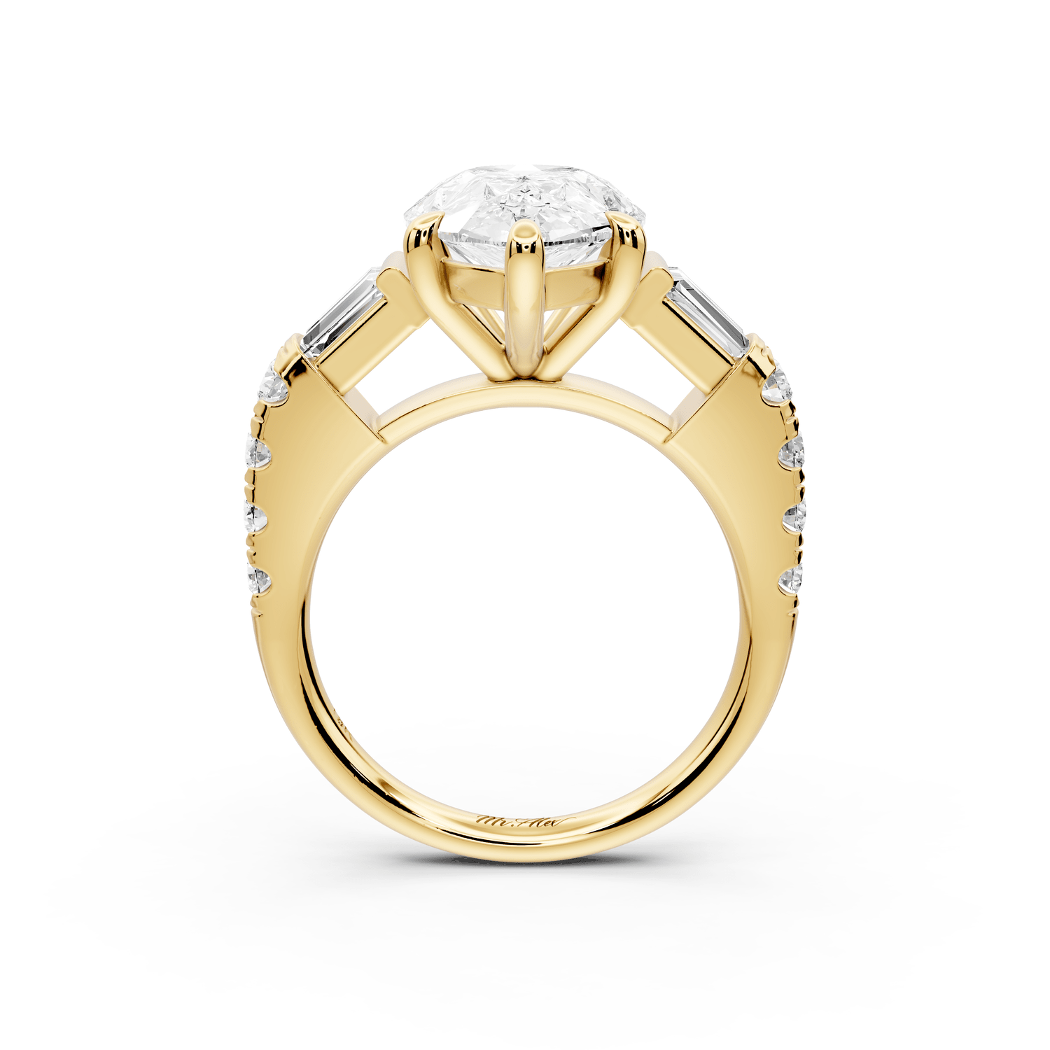 Aria - 4ct 14k yellow gold pear Diamond with tapered baguettes and round accent stones Engagement ring - Mr. Alex Jewelry