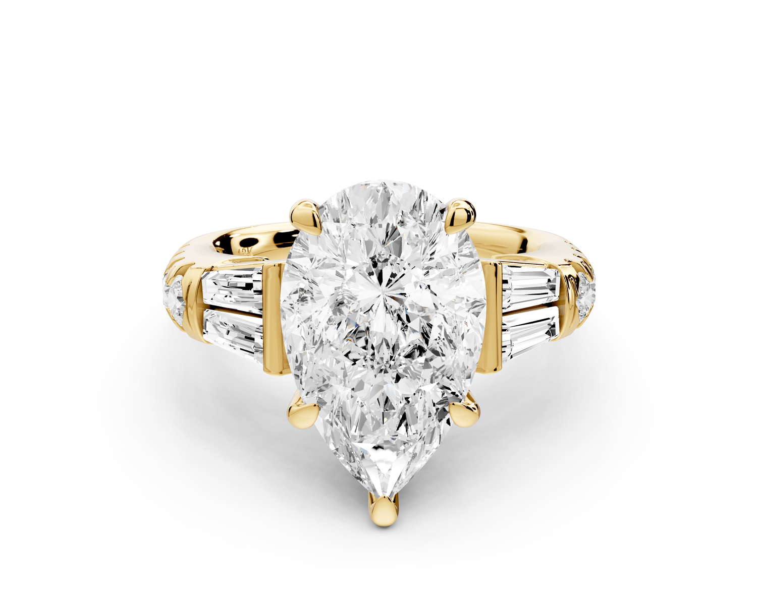 Aria - 4ct 14k yellow gold pear Diamond with tapered baguettes and round accent stones Engagement ring - Mr. Alex Jewelry
